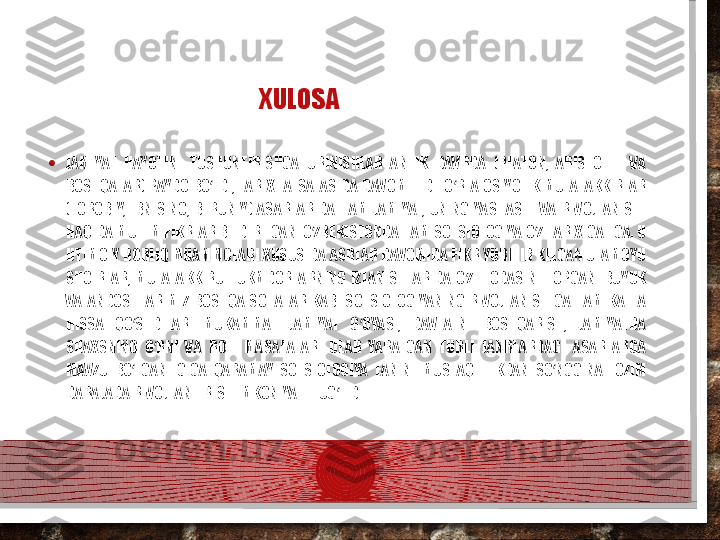 XULOSA 
• JAMIYAT  HAYOTINI  TUSHUNTIRISHGA  URINISHLAR  ANTIK  DAVRDA  (PLATON,  ARISTOTEL  VA 
BOSHQALAR)  PAYDO  BO LDI,  TARIX  FALSAFASIDA  DAVOM  ETDI.  O RTA  OSIYOLIK  MUTAFAKKIRLAR ʻ ʻ
(FOROBIY,  IBN  SINO,  BERUNIY)  ASARLARIDA  HAM  JAMIYAT,  UNING  YASHASHI  VA  RIVOJLANISHI 
HAQIDA MUHIM FIKRLAR BILDIRILGAN. O ZBEKISTONDA HAM SOTSIOLOGIYA O Z TARIXIGA EGA. U 	
ʻ ʻ
IJTIMOIY BORLIQ MUAMMOLARI XUSUSIDA ASRLAR DAVOMIDA FIKR YURITIB KELGAN ULAMOYU 
SHOIRLAR,  MUTAFAKKIRU  HUKMDORLARNING  IZLANISHLARIDA  O Z  IFODASINI  TOPGAN.  BUYUK 	
ʻ
VATANDOSHLARIMIZ  BOSHQA  SOHALAR  KABI  SOTSIOLOGIYANING  RIVOJLANISHIGA  HAM  KATTA 
HISSA  QO SHDILAR.  MUKAMMAL  JAMIYAT  G OYASI,  DAVLATNI  BOSHQARISH,  JAMIYATDA 	
ʻ ʻ
SHAXSNING  O RNI  VA  ROLI  MASALALARI  ULAR  YARATGAN  TURLI  JANRLARDAGI  ASARLARGA 	
ʻ
MAVZU  BO LGANLIGIGA  QARAMAY  SOTSIOLOGIYA  FANINI  MUSTAQILLIKDAN  SO NGGINA  LOZIM 	
ʻ ʻ
DARAJADA RIVOJLANTIRISH IMKONIYATI TUG ILDI.	
ʻ  