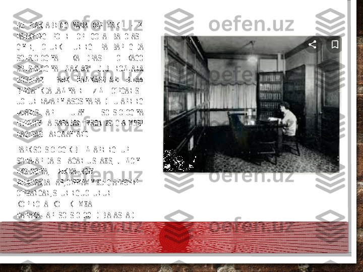 BU  MAKTABNING  YANA  BIR  VAKILI  -  R. 
PARKNING  ROLINI  ORTIQCHA  BAHOLASH 
QIYIN,  CHUNKI.  UNING  RAHBARLIGIDA 
SOTSIOLOGIYA  KAFEDRASI  CHIKAGO 
SOTSIOLOGIYA  MAKTABI  DEB  NOMLANA 
BOSHLADI.  PARK  HAMKASBLARI  BILAN 
BIRGALIKDA  JAMIYATNI  TIZIMLI  O‘RGANISH 
UCHUN  NAZARIY  ASOS  YARATDI.  ULARNING 
IZLANISHLARI  TUFAYLI  SOTSIOLOGIYA 
IJTIMOIY  FALSAFADAN  INSON  XULQ-ATVORI 
HAQIDAGI FANGA AYLANDI.
PARK SOTSIOLOGIK BILIMLARNING TURLI 
SOHALARIDA ISHLAGAN: U SHAXS, IJTIMOIY 
EKOLOGIYA, ETNIK VA IRQIY 
MUNOSABATLAR, OMMAVIY XULQ-ATVORNI 
O'RGANGAN, SHUNING UCHUN UNI 
KO'PINCHA "KOLLEKTIV XATTI-
HARAKATLAR" SOTSIOLOGI DEB ATASHADI.  