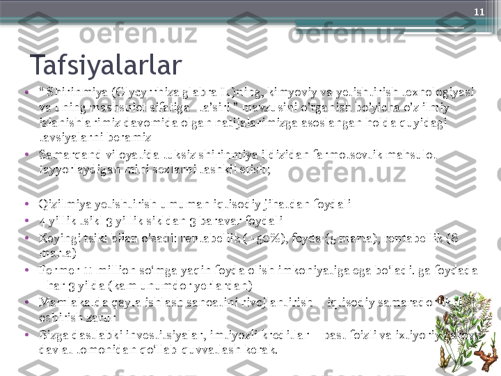 11
Tafsiyalarlar
•
“  Shirinmiya (Glycyrrhiza glabra L.)ning, kimyoviy va yetishtirish texnologiyasi 
va uning mashsulot sifatiga   ta’siri ” mavzusini o’rganish bo’yicha o’z ilmiy 
izlanishlarimiz davomida olgan natijalarimizga asoslangan holda quyidagi 
tavsiyalarni beramiz
•
Samarqand viloyatida tuksiz shirinmiya ildizidan farmotsevtik mahsulot 
tayyorlaydigan mini sexlarni tashkil etish;
•
Qizilmiya yetishtirish umuman iqtisodiy jihatdan foydali
•
4 yillik tsikl 3 yillik sikldan 3 baravar foydali
•
Keyingi tsikl bilan o'sadi: rentabellik (+50%), foyda (5 marta), rentabellik (8 
marta)
•
Fermer 11 million so‘mga yaqin foyda olish imkoniyatiga ega bo‘ladi. ga foydada 
- har 3 yilda (kam unumdor yerlardan)
•
Mamlakatda qayta ishlash sanoatini rivojlantirish – iqtisodiy samaradorlikni 
oshirish zarur
•
Bizga dastlabki investitsiyalar, imtiyozli kreditlar – past foizli va ixtiyoriy garov, 
davlat tomonidan qo‘llab-quvvatlash kerak.                     