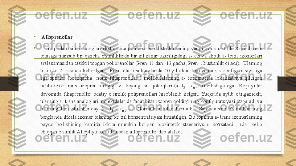 •
  Alloprenollar
•
      Yaqinda o'simlik  barglari ekstraktida poliizoprenoid strukturaning yangi turi kuzatildi. Sapindaceae 
oilasiga  mansub  bir  qancha  o'simliklarda  bir  xil  zanjir  uzunligidagi  a-  cis  va  atipik  a-  trans  izomerlari 
aralashmasidan tashkil topgan poliprenollar (Pren-11 dan -13 gacha, Pren-12 ustunlik qiladi).  Ularning 
tuzilishi  2  -rasmda  keltirilgan  .  Ficus  elastica  barglarida  40  yil  oldin  topilgan  a-sis  konfiguratsiyasiga 
ega  spirtlar  (boshqacha    nomi  fikaprenollar  )  molekulalarning  a-  terminusida  lokalizatsiya  qilingan 
uchta  ichki  trans  -izopren  birligiga  va  keyingi  sis  qoldiqlari  (a-  t
3  –  c
n-4 -t)tuzilishiga  ega..  Ko'p  yillar 
davomida  fikaprenollar  odatiy  o'simlik  poliprenollari  hisoblanib  kelgan.  Yuqorida  aytib  o'tilganidek, 
ularning a- trans analoglari molekulalarida faqat bitta izopren qoldig'ining konfiguratsiyasi o'zgaradi va 
ularning  tuzilishi  shunday  (a-  t
3   -  c
n-5   -  t  )formulasi  bilan  beriladi  .  Sapindaceae  o'simliklarining 
barglarida ikkala izomer oilaning bir xil konsentratsiyasi kuzatilgan. Bu topilma a- trans izomerlarning 
paydo  bo'lishining  kamida  ikkita  mumkin  bo'lgan  biosintetik  stsenariysini  ko'rsatadi  ,  ular  kelib 
chiqqan o'simlik Allophylus caudatusdan alloprenollar deb ataladi.  