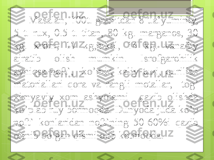 Masalan, 100t. granitdan 8 t.alyuminiy, 
5  t.  rux,  0.5  t.  titan,  80  kg.  marganes,  30 
kg.  xrom,  17  kg,nikel,  14  kg.  vanadiy 
ajratib  olish  mumkin.  Isrofgarchilik 
ayniqsa  neft`,    ko’mir,  kaliy  tuzi,  qurilish 
materiallari  qora  va  rangli  metallar,    tog’ 
ximyaviy  xom  ashyolarni    qazib  olishda 
ko’plab ruy bermoqda. Dunyoda juda ko’p 
neft`  konlaridan  neft`ning  50-60%i  qazib 
olinib qolgan qismi olib ketmoqda.                                             