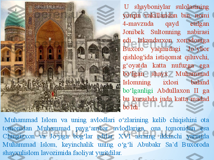   Muhammad  Islom  va  uning  avlodlari  o zlarining  kelib  chiqishini  ota ʻ
tomonidan  Muhammad  payg ambar  avlodlariga,  ona  tomonidan  esa 	
ʻ
Chingizxon  va  Jo jiga  bog lar  edilar.  XVI  asrning  ikkinchi  yarmida 	
ʻ ʻ
Muhammad  Islom,  keyinchalik  uning  o g li  Abubakr  Sa’d  Buxoroda 	
ʻ ʻ
shayxulislom lavozimida faoliyat yuritdilar.   U  shayboniylar  sulolasining 
yorqin  vakillaridan  bin,  nomi 
4-mavzuda  qayd  etilgan 
Jonibek  Sultonning  nabirasi 
edi.  Iskandarxon  xonadoniga 
Buxoro  yaqinidagi  Jo ybor 	
ʻ
qishlog'ida  istiqomat  qiluvchi, 
g oyatda  katta  nufuzga  ega 	
ʻ
bo lgan  shayx  Muhammad 	
ʻ
Islomning  ixlosi  baland 
bo lganligi
ʻ   Abdullaxon  II  ga 
bu  kurashda  juda  katta  madad 
bo'ldi.   