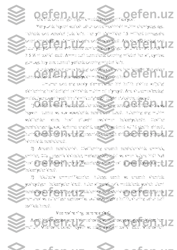      Tarkibida azot bo’lgan organik moddalar ammonifikasiyasi.
     Yer yuzida hayotni saqlash uchun azot almashinishi muhim ahamiyatga ega.
Tabiatda   azot   zapaslari   juda   ko’p.   Har   yili   o’simliklar   1.5   milliard   tonnagacha
azotni sintezlaydi va o’simlik shuncha azotni talab etadi. Ana shu miqdordagi azot
butun yer yuzining 30 smli tuproq qamlamida joylashgan umum element zonasini
3-5  %   ni   tashkil  etadi.  Ammo  turli   tuproqlarda  azotning  mikdori   har  xil,  ayniqsa
gumusga boy qora tuproqli yerlarda azotning miqdori ko’p.
        Bundan tashqari atmosferadagi azot zapaslari yana ham kattadir. Xar gektar
tuproq ustunida 80 ming tonnaga yakin molekulyar azot bor.
          Umuman   azot   eng   asosiy   elementlardan   biri   bo’lib   qishloq   xo’jaligi
ekinlarining hosildorligini oshirishda muhim rol o’ynaydi. Ana shu atmosferadagi
molekulyar azotni hyech bir o’simlik to’g’ridan-to’g’ri o’zlashtira olmaydi. 
1) Aerob  ammonifikatorlar.  Bular   tabiatda   keng  tarqalgan   bo’lib,o’simlik  va
hayvon     tuproq   va   suv   xavzalarida   parchalanib   turadi.   Bularning   eng   muhim
vakillaridan   spora   hosil   qiluvchi   ovalsimon   bakteriyalardir.   Oqsillar
parchalanganda   suv,   karbonat   angdrid,   ammiak,   vodorod   sulfid   ajralib   chiqadi,
buning parchalanishi  asosan  mikroorganizmlar  ajratib chiqargan ferment  proteaza
ishtirokida parchalanadi.
2) Anaerob   parchalanish.   Oksillarning   anaerob   parchalanishida   ammiak,
aminlar,   CO
2   ,   organik   kislotalar,   merkaptanlar,   indol   va   smon   kulana   hidli   N
2 S
hosil   bo’ladi.   Anaerob   ammonifikatorlarga   spora   hosil   qiluvchi   tayoqchasimon
bakteriyalar kiradi.
3) Fakultativ   ammonifikatorlar.   Bularga   aerob   va   anaerob   sharoitda
yashaydigan     bakteriyalar   kiradi.   Bular   xilma-xil   ozik   moddalarda   yashab   ularni
parchalaydi. Tuproqda organik moddalarning parchalanishiga iqlim sharoiti, tuproq
namunasi va qullanilgan agrotexnika usullariga bog’liq bo’lib, shuning uchun turli
tezlikda boradi. 
                        Mochevinaning  parchalanishi.
Azotli birikmalardan yana biri mochevina va mochevaya va gippur kislota ham
ma’lum. Mochevina asosan  hayvon va odam  siydigini  tashkil  etadi. Mochevinani 