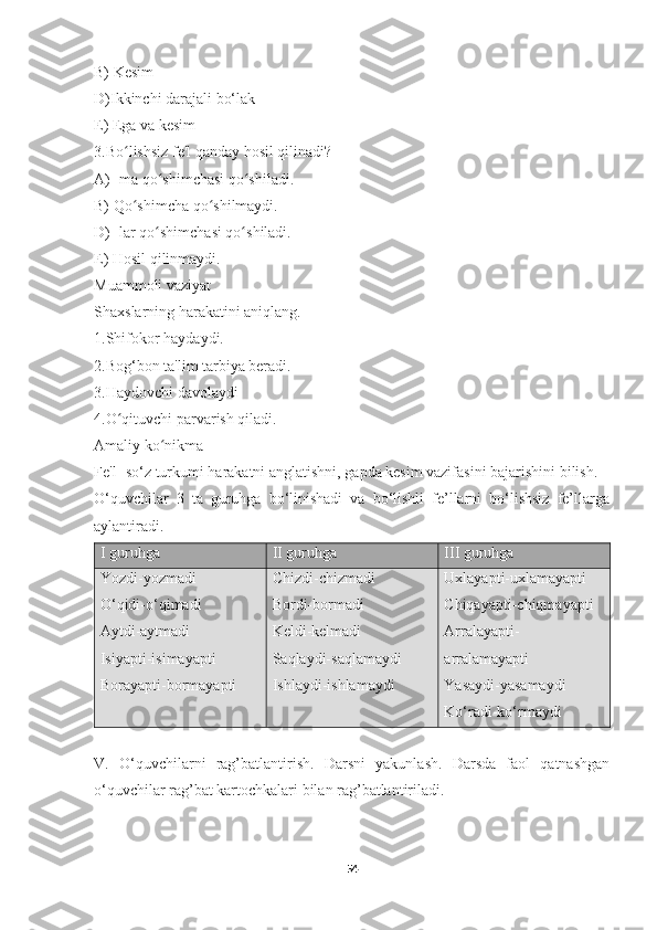 B) Kesim
D)Ikkinchi darajali bo‘lak
E) Ega va kesim
3.Bo lishsiz fe'l qanday hosil qilinadi?ʻ
A) -ma qo shimchasi qo shiladi.	
ʻ ʻ
B) Qo shimcha qo shilmaydi.	
ʻ ʻ
D) -lar qo shimchasi qo shiladi.	
ʻ ʻ
E) Hosil qilinmaydi.
Muammoli vaziyat
Shaxslarning harakatini aniqlang.
1.Shifokor haydaydi.
2.Bog‘bon ta'lim tarbiya beradi.
3.Haydovchi davolaydi
4.O qituvchi parvarish qiladi.	
ʻ
Amaliy ko nikma	
ʻ
Fe'l- so‘z turkumi harakatni anglatishni, gapda kesim vazifasini bajarishini bilish.
O‘quvchilar   3   ta   guruhga   bo‘linishadi   va   bo‘lishli   fe’llarni   bo‘lishsiz   fe’llarga
aylantiradi. 
I guruhga II guruhga  III guruhga
Yozdi - yozmadi
O ‘ qidi - o ‘ qimadi
Aytdi-aytmadi
Isiyapti-isimayapti
Borayapti-bormayapti Chizdi-chizmadi
Bordi-bormadi
Keldi-kelmadi
Saqlaydi-saqlamaydi
Ishlaydi-ishlamaydi Uxlayapti-uxlamayapti
Chiqayapti-chiqmayapti
Arralayapti-
arralamayapti
Yasaydi-yasamaydi
Ko‘radi-ko‘rmaydi
V.   O‘quvchilarni   rag’batlantirish.   Darsni   yakunlash.   Darsda   faol   qatnashgan
o‘quvchilar rag’bat kartochkalari bilan rag’batlantiriladi. 
54 