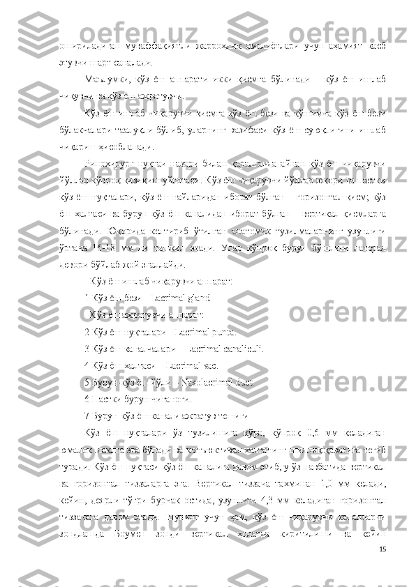 ошириладиган   муваффақиятли   жарроҳлик   амалиётлари   учун   аҳамият   касб
этувчи шарт саналади.
Маълумки,   кўз   ёш   аппарати   икки   қисмга   бўлинади   –   кўз   ёш   ишлаб
чиқувчи ва кўз ёш ажратувчи.
Кўз ёш ишлаб чиқарувчи қисмга кўз ёш бези ва қўшимча кўз ёш бези
бўлакчалари   таалуқли   бўлиб,   уларнинг   вазифаси   кўз   ёш   суюқлигини   ишлаб
чиқариш ҳисобланади.
Ринохирург   нуқтаи   назари   билан   қаралганда   айнан   кўз   ёш   чиқарувчи
йўллар кўпроқ қизиқиш уйғотади. Кўз ёш чиқарувчи йўллар юқори ва пастки
кўз ёш нуқталари, кўз ёш найларидан иборат бўлган – горизонтал  қисм;  кўз
ёш  халтаси  ва  бурун-кўз   ёш  каналидан  иборат  бўлган   –  вертикал  қисмларга
бўлинади.   Юқорида   келтириб   ўтилган   анатомик   тузилмаларнинг   узунлиги
ўртача   16-18   мм   ни   ташкил   этади.   Улар   кўпроқ   бурун   бўшлиғи   латерал
девори бўйлаб жой эгаллайди.
- Кўз ёш ишлаб чиқарувчи аппарат:
1 Кўз ёш бези - Lacrimal gland
- Кўз ёш ажратувчи аппарат:
2  Кўз ёш нуқталари -  Lacrimal punta. 
3  Кўз ёш каналчалари –  Lacrimal   canaliculi.
4  Кўз ёш халтаси –  Lacrimal   sac.
5  Бурун-кўз ёш йўли –  Nasolacrimal   duct.
6  Пастки бурун чиғаноғи . 
7  Бурун-кўз ёш канали ажратув тешиги
Кўз   ёш   нуқталари   ўз   тузилишига   кўра,   кўпроқ   0,6   мм   келадиган
юмалоқ шаклга эга бўлади ва  конъюктивал  халтанинг шиллиқ қаватига тегиб
туради .  Кўз ёш нуқтаси кўз ёш каналига давом этиб, у ўз навбатида  вертикал
ва   горизонтал   тиззаларга   эга .   Вертикал   тиззача   тахминан   1,0   мм   келади ,
кейин ,   деярли   тўғри   бурчак   остида,   узунлиги   4,3   мм   келадиган   горизонтал
тиззачага   давом   этади .   Шунинг   учун   ҳам,   кўз   ёш   чиқарувчи   каналларни
зондлашда   Боумен   зонди   вертикал   ҳолатда   киритилиши   ва   кейин
15 