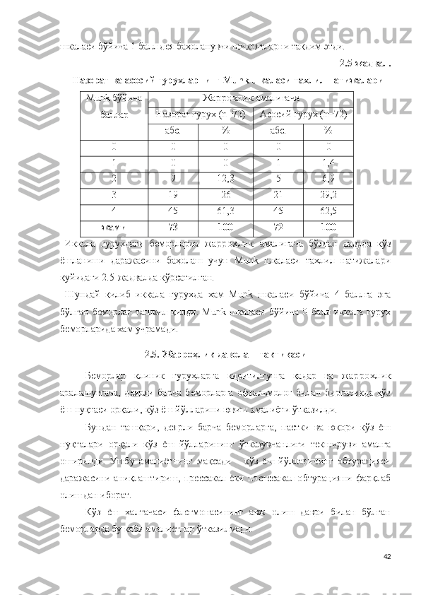 шкаласи бўйича 1 балл дея баҳоланувчи шикоятларни тақдим этди.
2.5-жадвал.
Назорат ва асосий гурухларнинг  M u n k шкаласи тахлил натижалари
M u n k бўйича
баллар Жаррохлик  амалигача
Назорат гурух ( n =73 ) Асосий гурух ( n =72 )
а б с. % а б с. %
0 0 0 0 0
1 0 0 1 1,4
2 9 12,3 5 6,9
3 19 26 21 2 9,2
4 45 61,3 45 62,5
жами 73 1 0 0 72 1 0 0
Иккала   гурухдаги   беморларда   жаррохлик   амалигача   бўлган   даврда   кўз
ёшланиши   даражасини   баҳолаш   учун   M u n k   шкаласи   тахлил   натижалари
қуйидаги 2.5-жадвалда кўрсатилган.  
Шундай   қилиб   иккала   гурухда   хам   M u n k   шкаласи   бўйича   4   баллга   эга
бўлган   беморлар  ташкил  қилди.   M u n k   шкаласи   бўйича   0   балл   иккала   гурух
беморларида хам учрамади.
2.5. Жарроҳлик даволаш тактикаси
Беморлар   клиник   гуруҳларга   киритилгунга   қадар   ва   жаррохлик
аралашувгача,   деярли   барча   беморларга   офтальмолог   билан   биргаликда   кўз
ёш нуқтаси орқали, кўз ёш йўлларини ювиш амалиёти ўтказилди.
Бундан   ташқари,   деярли   барча   беморларга,   пастки   ва   юқори   кўз   ёш
нуқталари   орқали   кўз   ёш   йўлларининг   ўтказувчанлиги   текшируви   амалга
оширилди.   Ушбу   амалиётнинг   мақсади   –   кўз   ёш   йўлларининг   обтурацияси
даражасини   аниқлаштириш,   пр е сса к ал  ёки   п о с т сса к ал  о б т у р а цияни   фарқлаб
олишдан иборат .
Кўз   ёш   халтачаси   флегмонасининг   авж   олиш   даври   билан   бўлган
беморларда бу каби амалиётлар ўтказилмади.
42 