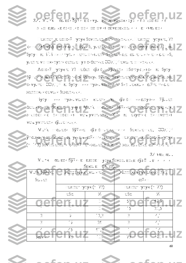 3.4.   M u n k шкаласи бўйича  с и м ул тан ва  мо но х и рур г ик  э н дос к о пик
эн дона з ал  д а к р и о ци с т ор ин о с т о м ия самарадорлиги натижалари  
Назорат ва асосий   гуруҳ беморлар солиштирилди . Назорат   гуруҳга,   73
киши   ( 84   кўз)   киритилган   бўлиб,   уларда   бир   томонлама   сурункали   ДЦ   ва
бурун   ва   БЁБ   нинг   турли   патологиялари   биргаликда   келганлиги   аниқланиб,
уларга монохирургик аралашув сифатида  Э ЭД Ц Р амалга оширилди.  
Асосий   гуруҳга   72   нафар   кўз-ёш   йўллари   обструкцияси   ва   бурун
бўшлиғи ва БЁБ патологияси мавжуд бўлган беморлар киритилди, уларга эса
симултан   ЭЭДЦР   ва   бурун   ичи   тузилмаларини   бир   лаҳзали   қайта   тиклаш
жаррохлик амали  бажарилди.
Бурун   ичи   тузилмалари   ҳолати   ва   кўз-ёш   чиқарувчи   йўллар
фаолиятини   баҳолаш   учун   M u nk   шкаласи   бўйича   натижалар   таҳлили ,
эндос к о пик   р и н о с к о п ия   маълумотлари ,   КТ   ва   ак у стик   р и н о мет рия
маълумотлари қўлланилди .
M u n k   шкаласи   бўйича   к ў з - ё ш л а н и ш и н и   б а ҳ о л а ш д а ,   Э Э Д Ц Р
ўтказилгунга   қадар   ва   ундан   кейинги   д а в р д а ,   н а з о р а т   ва   асосий   гуруҳ
(n=145) беморлардаги қиёсий натижалар 3 . 2 ва 3.3-жадвалларда келтирилган .
3 . 4-жадвал .
M un k шкаласи бўйича назорат 
гуруҳ беморларда кўз ёшланишини
баҳолаш ( n =73 ).
M u n k  бўйича
баллар Жаррохлик амали гача Жаррохлик амали дан  3   ой
кейин
назорат  гуруҳ  ( n =73 ) н а зорат гуруҳ  ( n =73 )
а б с. % а б с. %
0 0 0 51 69,9
1 0 0 15 20,5
2 9 12,3 3 4,1
3 19 26 3 4,1
4 45 61,3 1 1 ,4
жами 73 1 0 0 73 1 0 0
60 