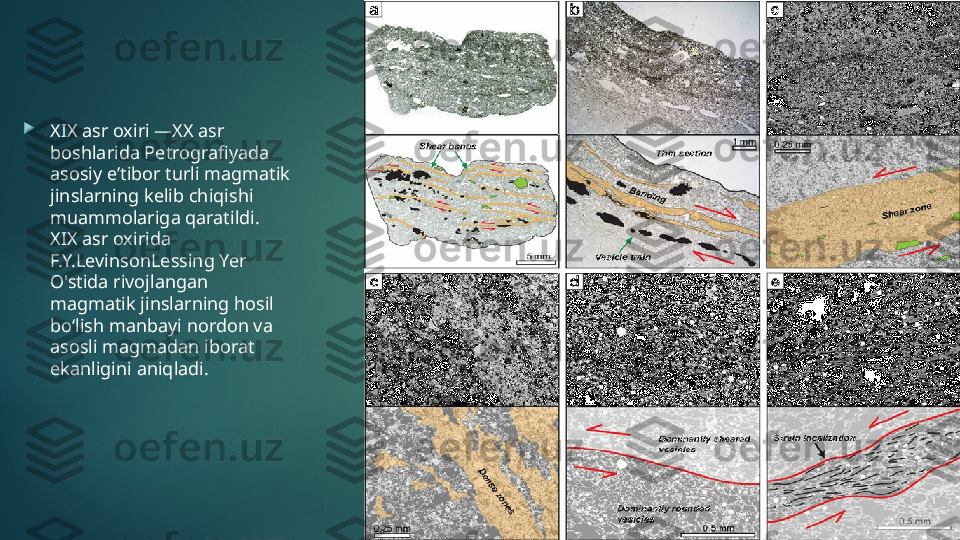 
XIX asr oxiri —XX asr 
boshlarida Petrografiyada 
asosiy eʼtibor turli magmatik 
jinslarning kelib chiqishi 
muammolariga qaratildi. 
XIX asr oxirida 
F.Y.LevinsonLessing Yer 
O'stida rivojlangan 
magmatik jinslarning hosil 
boʻlish manbayi nordon va 
asosli magmadan iborat 
ekanligini aniqladi.   