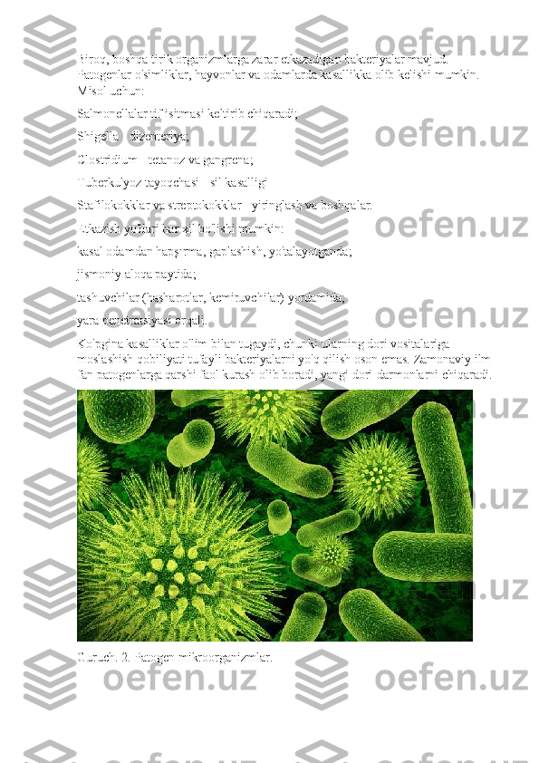 Biroq, boshqa tirik organizmlarga zarar etkazadigan bakteriyalar mavjud. 
Patogenlar o'simliklar, hayvonlar va odamlarda kasallikka olib kelishi mumkin. 
Misol uchun:
Salmonellalar tif isitmasi keltirib chiqaradi;
Shigella - dizenteriya;
Clostridium - tetanoz va gangrena;
Tuberkulyoz tayoqchasi - sil kasalligi
Stafilokokklar va streptokokklar - yiringlash va boshqalar.
Etkazish yo'llari har xil bo'lishi mumkin:
kasal odamdan hapşırma, gaplashish, yo'talayotganda;
jismoniy aloqa paytida;
tashuvchilar (hasharotlar, kemiruvchilar) yordamida;
yara penetratsiyasi orqali.
Ko'pgina kasalliklar o'lim bilan tugaydi, chunki ularning dori vositalariga 
moslashish qobiliyati tufayli bakteriyalarni yo'q qilish oson emas. Zamonaviy ilm-
fan patogenlarga qarshi faol kurash olib boradi, yangi dori-darmonlarni chiqaradi.
Guruch. 2. Patogen mikroorganizmlar. 