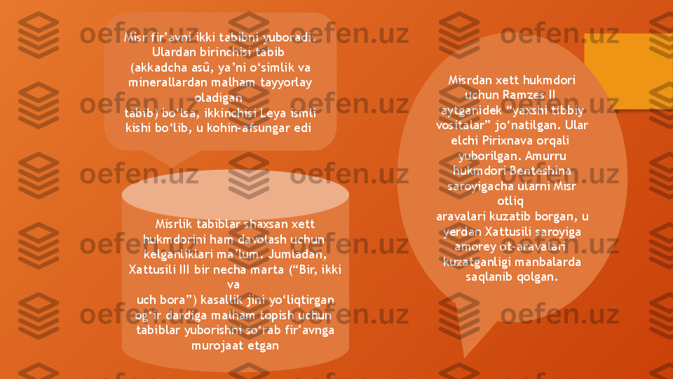 Misrlik tabiblar shaxsan xett 
hukmdorini ham davolash uchun 
kelganliklari ma’lum. Jumladan, 
Xattusili III bir necha marta (“Bir, ikki 
va 
uch bora”) kasallik jini yo‘liqtirgan 
og‘ir dardiga malham topish uchun 
tabiblar yuborishni so‘rab fir’avnga 
murojaat etgan Misrdan xett hukmdori 
uchun Ramzes II 
aytganidek “yaxshi tibbiy 
vositalar” jo‘natilgan. Ular 
elchi Pirixnava orqali 
yuborilgan. Amurru 
hukmdori Benteshina 
saroyigacha ularni Misr 
otliq 
aravalari kuzatib borgan, u 
yerdan Xattusili saroyiga 
amorey ot-aravalari 
kuzatganligi manbalarda 
saqlanib qolgan.Misr fir’avni ikki tabibni yuboradi. 
Ulardan birinchisi tabib 
(akkadcha asû, ya’ni o‘simlik va 
minerallardan malham tayyorlay 
oladigan 
tabib) bo‘lsa, ikkinchisi Leya ismli 
kishi bo‘lib, u kohin-afsungar edi   