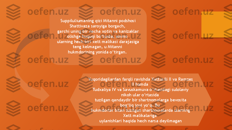 Suppiluliumaning qizi Mitanni podshosi 
Shattivaza saroyiga borgach, 
garchi uning bir necha xotin va kanizaklar 
olishga huquqi bo‘lsada, ammo 
ularning hech biri xett malikasi darajasiga 
teng kelmagan, u Mitanni 
hukmdorining yonida o‘tirgan. 
Yuqoridagilardan farqli ravishda Xattusili II va Ramzes 
II hamda 
Tudxaliya IV va Savuskamuva o‘rtasidagi sulolaviy 
nikoh ular o‘rtasida 
tuzilgan qandaydir bir shartnomalarga bevosita 
bog‘liq joyi yo‘q. Bu 
hukmdorlar bilan tuzilgan shartnomalarda ularning 
Xett malikalariga 
uylanishlari haqida hech narsa deyilmagan  