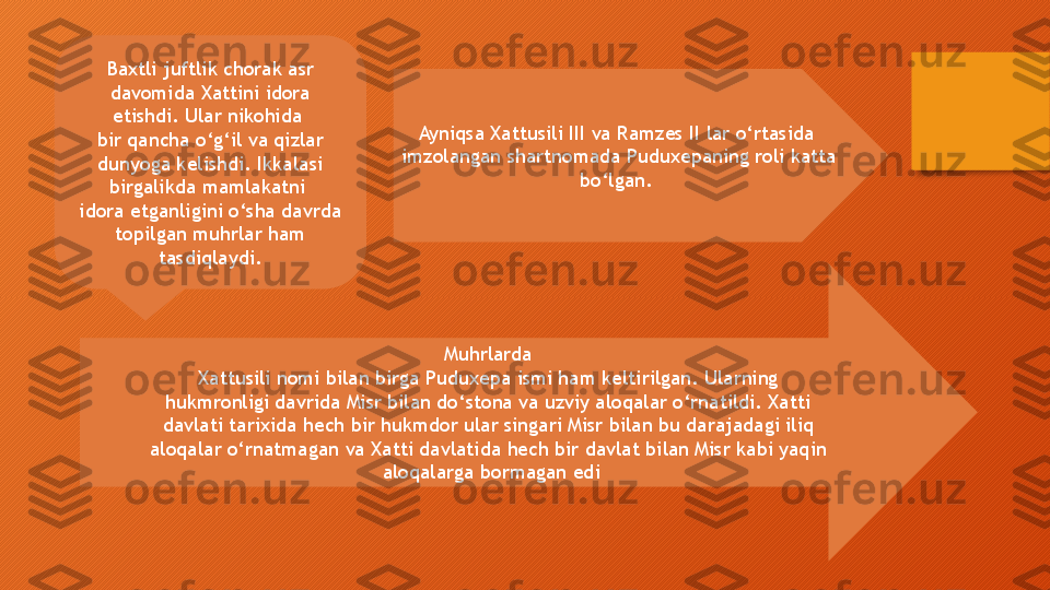 Baxtli juftlik chorak asr 
davomida Xattini idora 
etishdi. Ular nikohida 
bir qancha o‘g‘il va qizlar 
dunyoga kelishdi. Ikkalasi 
birgalikda mamlakatni 
idora etganligini o‘sha davrda 
topilgan muhrlar ham 
tasdiqlaydi. Ayniqsa Xattusili III va Ramzes II lar o‘rtasida 
imzolangan shartnomada Puduxepaning roli katta 
bo‘lgan. 
Muhrlarda 
Xattusili nomi bilan birga Puduxepa ismi ham keltirilgan. Ularning 
hukmronligi davrida Misr bilan do‘stona va uzviy aloqalar o‘rnatildi. Xatti 
davlati tarixida hech bir hukmdor ular singari Misr bilan bu darajadagi iliq 
aloqalar o‘rnatmagan va Xatti davlatida hech bir davlat bilan Misr kabi yaqin 
aloqalarga bormagan edi  