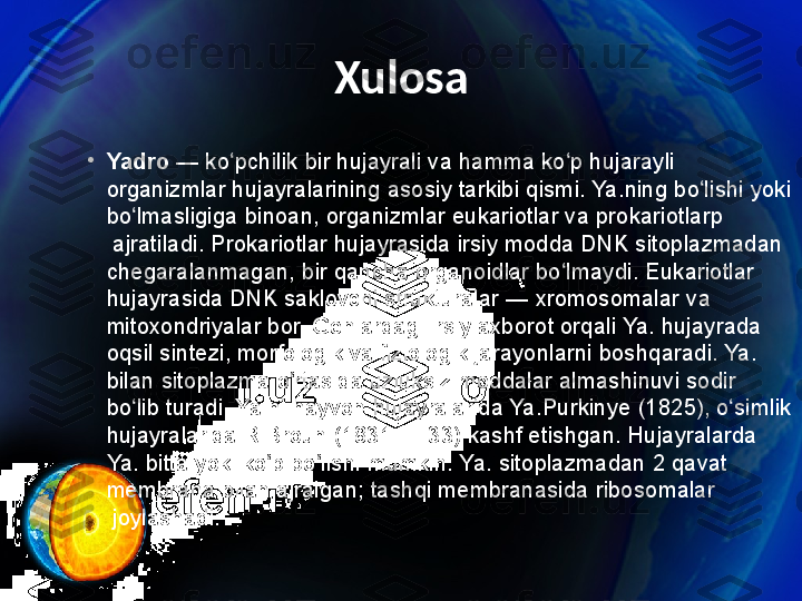 Xulosa
•
Yadro  — ko pchilik	 bir 	ʻ hujayrali  va	 hamma	 ko p	 hujarayli	 	ʻ
organizmlar	
 hujayralarining	 asosiy	 tarkibi	 qismi.	 Ya.ning	 bo lishi	 yoki	 	ʻ
bo lmasligiga	
 binoan,	 organizmlar 	ʻ eukariotlar  va  prokariotlarp
 ajratiladi.	
 Prokariotlar	 hujayrasida	 irsiy	 modda  DNK  sitoplazmadan	 
chegaralanmagan,	
 bir	 qancha	 organoidlar	 bo lmaydi.	 Eukariotlar	 	ʻ
hujayrasida	
 DNK	 saklovchi	 strukturalar	 —  xromosomalar  va 
mitoxondriyalar  bor.	
 Genlardagi	 irsiy	 axborot	 orqali	 Ya.	 hujayrada	 
oqsil	
 sintezi,	 morfologik	 va	 fiziologik	 jarayonlarni	 boshqaradi.	 Ya.	 
bilan	
 sitoplazma	 o rtasida	 uzluksiz	 moddalar	 almashinuvi	 sodir	 	ʻ
bo lib	
 turadi.	 Ya.ni	 hayvon	 hujayralarida	 Ya.Purkinye	 (1825),	 o simlik	 	ʻ ʻ
hujayralarida	
 R.Broun	 (1831	 —	 33)	 kashf	 etishgan.	 Hujayralarda	 
Ya.	
 bitta	 yoki	 ko p	 bo lishi	 mumkin.	 Ya.	 sitoplazmadan	 2	 qavat	 	ʻ ʻ
membrana	
 bilan	 ajralgan;	 tashqi	 membranasida  ribosomalar
 joylashadi. 