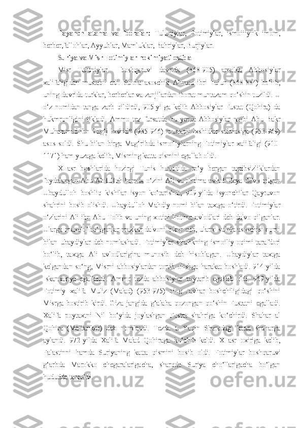 Tayanch   atama   va   iboralar:   Tuluniyiar,   Fotimiylar,   ismoiiiyiik   imom,
berber,fallohlar, Ayyublar, Mamluklar, Bahriylar, Burjiylar.
Suriya va Misr Fotimiylar hokimiyati ostida
Misr   Tuluniylar     boshqaruvi   davrida   (868-905)   amalda   Abbosiylar
xalifaligidan   mustaqil   edi.   Sulola   asoschisi   Ahmad   ibri   Tulun   (868-884)   bo‘lib,
uning davrida turklar, berberlar va zanjilardan iborat muntazam qo‘shin tuzildi. U
o‘z   nomidan   tanga   zarb   qildirdi,   905-yiIga   kelib   Abbosiylar   Fustat   (Qohira)   da
hukmronligini   tikladi.   Ammo   tez   fursatda   bu   yerda   Abbosiylar   noibi   Abu   Bakr
Muhammad   ibn   Tug‘j   Ixshid*   (935-946)   mustaqil   lxshidlar   sulolasiga   (953-969)
asos   soldi.   Shu   bilan   birga   Mag‘ribda   ismoiliyiarning   Fotimiylar   xaiifaligi   (910-
1171) ham yuzaga kelib, Misming katta qismini egallab oldi.
X   asr   boshlarida   hozirgi   Tunis   hududida   ro‘y   bergan   tartibsizliklardan
foydalangan  Abu  Abdulloh hamda  o‘zini  Ali   va Fotima avlodi   deya  da'vo  qilgan
Ubaydulloh   boshliq   kishilar   isyon   ko‘tarishdi,   909-yilda   isyonchilar   Qayruvon
shahrini   bosib   olishdi.   Ubaydulloh   Mahdiy   nomi   bilan   taxtga   o‘tirdi.   Fotimiylar
o‘zlarini   Ali   ibn Abu  Tolib  va uning  xotini  Fotima avlodlari   deb da'vo  qilganlar.
Ularga muxolif bo‘Iganlar mazkur da'voni inkor etib, ularni sulola asoschisi nomi
bilan   ubaydiylar   deb   nomlashadi.   Fotimiylar   shialikning   ismoiliy   oqimi   tarafdori
bo‘lib,   taxtga   Ali   avlodlarigina   munosib   deb   hisoblagan.   Ubaydiylar   taxtga
kelgandan   so‘ng,   Misrni   abbosiylardan   tortib   olishga   harakat   boshladi.   914-yilda
Iskandariya   egallandi.   Ammo   tezda   abbosiylar   qaytarib   egallab   oldi.   969-yilda
Fotimiy   xalifa   Mu'iz   (Ma'ad)   (953-975)   ning   Javhar   boshchiligidagi   qo‘shini
Misrga   bostirib   kirdi.   Giza   jangida   g‘alaba   qozongan   qo‘shin   Fustatni   egalladi.
Xalifa   poytaxtni   Nil   bo‘yida   joylashgan   Fustat   shahriga   ko‘chirdi.   Shahar   al
Qohira   (Maftunkor)   deb   nomlandi.   Tezda   u   Yaqin   Sharqdagi   katta   shaharga
aylandi.   972-yilda   Xalifa   Ma'ad   Qohiraga   ko‘chib   keldi.   X   asr   oxiriga   kelib,
Falastinni   hamda   Suriyaning   katta   qismini   bosib   oldi.   Fotimiylar   boshqaruvi
g‘arbda   Marokko   chegaralarigacha,   sharqda   Suriya   cho‘llarigacha   bo‘lgan
hududda tarqaldi. 