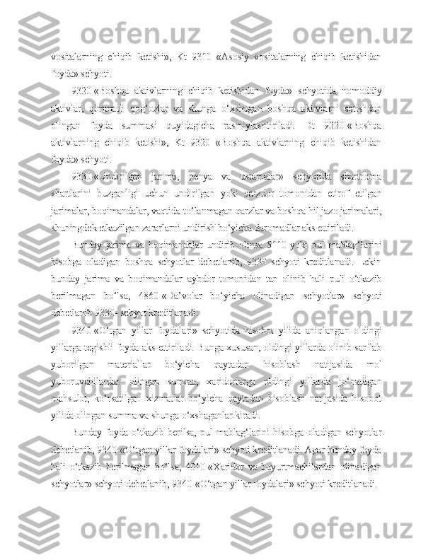 vositalarning   chiqib   ketishi»,   Kt   9310   «Asosiy   vositalarning   chiqib   ketishidan
foyda» schyoti.
9320-«Boshqa   aktivlarning   chiqib   ketishidan   foyda»   schyotida   nomoddiy
aktivlar,   qimmatli   qog‘ozlar   va   shunga   o‘xshagan   boshqa   aktivlarni   sotishdan
olingan   foyda   summasi   quyidagicha   rasmiylashtiriladi:   Dt   9220-«Boshqa
aktivlarning   chiqib   ketishi»,   Kt   9320   «Boshqa   aktivlarning   chiqib   ketishidan
foyda» schyoti.
9330-«Undirilgan   jarima,   penya   va   ustamalar»   schyotida   shartnoma
shartlarini   buzganligi   uchun   undirilgan   yoki   qarzdor   tomonidan   etirof   etilgan
jarimalar, boqimandalar, vaqtida to‘lanmagan qarzlar va boshqa hil jazo jarimalari,
shuningdek etkazilgan zararlarni undirish bo‘yicha daromadlar aks ettiriladi.
Bunday   jarima   va   boqimandalar   undirib   olinsa   5110   yoki   pul   mablag‘larini
hisobga   oladigan   boshqa   schyotlar   debetlanib,   9330   schyoti   kreditlanadi.   Lekin
bunday   jarima   va   boqimandalar   aybdor   tomonidan   tan   olinib   hali   puli   o‘tkazib
berilmagan   bo‘lsa,   4860-«Da’volar   bo‘yicha   olinadigan   schyotlar»   schyoti
debetlanib 9330- schyot kreditlanadi.
9340-«O‘tgan   yillar   foydalari»   schyotida   hisobot   yilida   aniqlangan   oldingi
yillarga tegishli foyda aks ettiriladi. Bunga xususan, oldingi yillarda olinib sarflab
yuborilgan   materiallar   bo‘yicha   qaytadan   hisoblash   natijasida   mol
yuboruvchilardan   olingan   summa,   xaridorlarga   oldingi   yillarda   jo‘natilgan
mahsulot,   ko‘rsatilgan   xizmatlar   bo‘yicha   qaytadan   hisoblash   natijasida   hisobot
yilida olingan summa va shunga o‘xshaganlar kiradi.
Bunday   foyda   o‘tkazib   berilsa,   pul   mablag‘larini   hisobga   oladigan   schyotlar
debetlanib, 9340-«O‘tgan yillar foydalari» schyoti kreditlanadi. Agar bunday foyda
hali   o‘tkazib   berilmagan   bo‘lsa,   4010-«Xaridor   va   buyurtmachilardan   olinadigan
schyotlar» schyoti debetlanib, 9340-«O‘tgan yillar foydalari» schyoti kreditlanadi. 