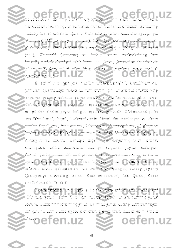 63paxta   tolasi,   20-25   ming   t   o’simlik   yog’i,   25-26   mln.   shartli   banka   konserva
mahsulotlari, 190 ming t un va boshqa mahsulotlar ishlab chiqaradi. Sanoatning
hududiy   tashkil   etilishida   Qarshi,   Shahrisabz   tugunlari   katta   ahamiyatga   ega.
Muborak (IEM, gaz   kimyo majmuasi), Koson (yog’ ekstraksiya, paxta tozalash,
g’isht   zavodi),   Sho’rtan   (neft-gaz-kimyo),   Tallimarjon   (IES),   Ko’kdumaloq
(neft),   Chiroqchi   (konserva)   va   boshqa   sanoat   markazlarining   ham
iqtisodiyotimizda ahamiyati oshib bormoqda. Qarshi, Qamashi va Shahrisabzda
to’qimachilik   korxonalari   bilan   birga   aksariyat   tumanlarda   paxta   tozalash
zavodlari mavjud. 
8.   Ko’milib   qolgan   yoki   madfun   landshaftlar   sinfi.   Respublikamizda,
jumladan   Qashqadaryo   havzasida   ham   antropogen   landshaftlar   orasida   keng
tarqalgan   qadimiy   ko’milib   qolgan   madfun   landshaftlar   alohida   o’rin   tutadi.
Ko’milib   qolgan   seliteb   landshaftlar   tepaliklar   va   qadimiy   aholi   manzilgohlari
va   qal’alar   o’rnida   paydo   bo’lgan   tepaliklar   guruhidir.   O’zbekistondagi   bu
tepaliklar   "tena",   "tepa",   Turkmanistonda   "depe"   deb   nomlangan   va   ularga
nomlari Sopollitepa, Bandixontepa, Dalvarzintepa, Nomazgohtepa, Ulug’tepa va
boshqalarni   misol   qilib   keltirish   mumkin.   Baqtriya,   Marg’iyona,   So’g’diyona,
Afrosiyob   va   boshqa   davrlarga   tegishli   sivilizasiyaning   izlari,   aholisi,
shuningdek,   ushbu   tepaliklarda   qadimgi   sug’orish   joylari   saqlangan.
Arxeologlar tomonidan olib borilgan qazish ishlari davomida qishloq va shahar
tipidagi   ko’plab   aholi   manzilgohlari   topilgan   hamda   o’rganilgan.   Ulardan
ba’zilari   davlat   qo’riqxonalari   deb   ham   e’lon   qilingan,   bunday   joylarga
Qashqadaryo   havzasidagi   ko’hna   Kesh   xarobalarini,   Eski   Qarshi,   Koson
atroflari misol bo’la oladi. 
Havza   hududida   arxeologik   yodgorliklarning   aniqlangan   umumiy   soni
1043   taga   yetadi.   Ko’milib   qolgan   qadimgi   seliteb   landshaftlarining   yuzasi
tekislik,  ularda  bir   necha  ming yillar  davomida  yupqa  kulrang  tuproqlar  paydo
bo’lgan,   bu   tuproqlarda   siyrak   efemerlar,   efemeroidlar,   butalar   va   boshqalar
o’sadi.
  