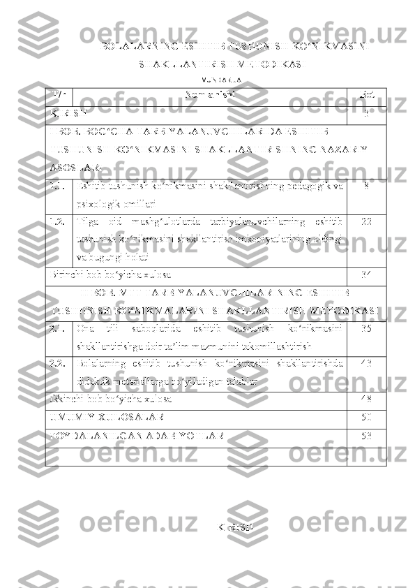 BOLALARNING ESHITIB TUSHUNISH KO NIKMASINIʻ
SHAKLLANTIRISH METODIKASI
MUNDARIJA
T/r Nomlanishi  Bet 
KIRISH 3
I BOB. BOG CHA TARBIYALANUVCHILARIDA ESHITIB 	
ʻ
TUSHUNISH KO NIKMASINI SHAKLLANTIRISHNING NAZARIY 	
ʻ
ASOSLARI
1.1. Eshitib tushunish ko nikmasini shakllantirishning 	
ʻ pedagogik va
psixologik omillari 8
1.2. Til ga   oid   mashg ulotlarda
ʻ   tarbiyalanuvchi larning   eshitib
tushunish ko nikmasi	
ʻ ni shakllantirish imkoniyatlarining oldingi
va bugungi holati 22
Birinchi  bob bo yicha xulosa	
ʻ 34
II BOB.  MTT TARBIYALANUVCHILARINING ESHITIB
TUSHUNISH  KO NIKMALARINI SHAKLLANTIRISH METODIKASI	
ʻ
2.1. Ona   tili   saboqlarida   eshitib   tushunish   ko nikmasini	
ʻ
shakllantirishga doir ta lim mazmunini takomillashtirish	
ʼ 35
2.2 . Bolalarning   eshitib   tushunish   ko nikmasini   shakllantirishda	
ʻ
didaktik metariallarga qo yiladigan talablar	
ʻ 43
Ikkinchi  bob bo yicha xulosa	
ʻ 48
UMUMIY XULOSALAR 50
FOYDALANILGAN ADABIYOTLAR 53
KIRISH 