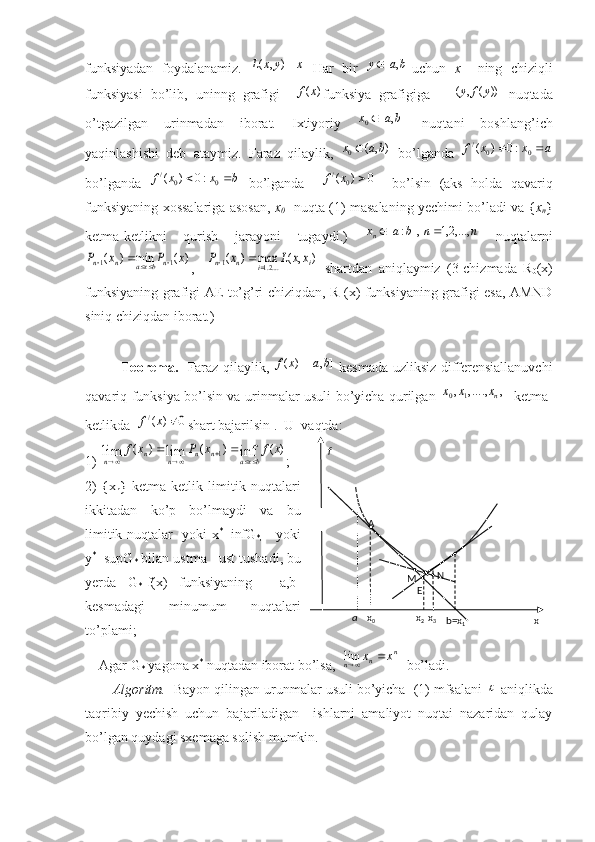 funksiyadan   foydalanamiz.  x	y	x	L	)	,	(   Har   bir  	]	,	[	b	a	y uchun   x     ning   chiziqli
funksiyasi   bo’lib,   uninng   grafigi    	
)	(x	f funksiya   grafigiga       ))(,( yfy
  nuqtada
o’tgazilgan   urinmadan   iborat.   Ixtiyoriy  	
]	,	[	0	b	a	x	   nuqtani   boshlang’ich
yaqinlashishi   deb   ataymiz.   Faraz   qilaylik,  	
)	,	(	0	b	a	x	   bo’lganda  	a	x	x	f			0	0	/	:0	)	(
bo’lganda  	
b	x	x	f			0	0	/	:0	)	(   bo’lganda    	0	)	(	0	/		x	f     bo’lsin   (aks   holda   qavariq
funksiyaning xossalariga asosan,   x
0    nuqta (1) masalaning yechimi bo’ladi va { x
n }
ketma-ketlikni   qurish   jarayoni   tugaydi.)  	
n	n	b	a	x n	,...,2,1	,]	:	[		
  nuqtalarni	
)	(	min	)	(	1	1	x	P	x	P	n	bxa	n	n				
,    	)	,	(	max	)	(	....2.1	1	i	i	n	n	x	x	L	x	P			   shartdan   aniqlaymiz   (3-chizmada   R
0 (x)
funksiyaning grafigi AE to’g’ri chiziqdan, R
1 (x) funksiyaning grafigi esa, AMND
siniq chiziqdan iborat.)
               Teorema.    Faraz qilaylik,  	
]	,	[	)	(	b	a	x	f	   kesmada uzliksiz differensiallanuvchi
qavariq funksiya bo’lsin va urinmalar usuli bo’yicha qurilgan  	
,	,....,	,	1	0	nx	x	x    ketma-
ketlikda  	
0	)	(/		x	f shart bajarilsin .  U  vaqtda:
1) 	
)	(	)	(	)	(	inf	lim	lim	1	x	f	x	P	x	f	
bxa	n	n	n	n	n					
	 ;
2)   {x
n }   ketma-ketlik   limitik   nuqtalari
ikkitadan   ko’p   bo’lmaydi   va   bu
limitik nuqtalar   yoki x *
=infG
*,      yoki
y *
=supG
*  bilan ustma - ust tushadi, bu
yerda   G
* -f(x)   funksiyaning     [a,b]
kesmadagi   minumum   nuqtalari
to’plami; 
    Agar G
*  yagona x *
 nuqtadan iborat bo’lsa,  	
n	n	n	x	x		lim   bo’ladi.
       Algoritm.   Bayon qilingan urunmalar usuli bo’yicha  (1) mfsalani 	
  aniqlikda
taqribiy   yechish   uchun   bajariladigan     ishlarni   amaliyot   nuqtai   nazaridan   qulay
bo’lgan quydagi sxemaga solish mumkin.  f
xb=x
1x
2    x
3a     x
0A
M N
E 