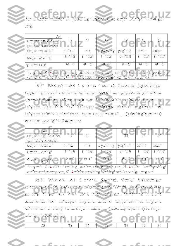 Bunda   sterjen   materiali   …   (jadvaldag   ilarga   mos)   va   sterjen   uzunligi  10	∙Bsm   ga
teng.
№
13 14 15 16 17 18
sterjenning   fizik   va
geometrik xossalari 
sterjen materiali po’lat mis alyuminiy yog’och temir beton
sterjen uzunligi l = 10 B l = 10 B l = 10 B l = 10 B l = 10 B l = 10 B
yuk massasi M = C	
M	=C	M	=C	M	=C M = C	M	=C
Bu   yerda  	
A−¿ talaba   ismidagi   xarflar   soniga   teng   son,  	B−¿ talaba   familiyasidagi
xarflar soniga teng son, 	
C−	¿  talaba otasining ismidagi xarflar soniga teng son.
   19-24   VARIANTLAR   (1-chizma,   4-sxema).   Gorizontal   joylashtirilgan
sterjenning bir uchi qistirib mahkamlangan ikkinchi   uchiga gorizontal yo’nalishda
qiymati  	
F	N   ga teng bo’lgan elastik kuch  	Am/s   tezlik bilan   qo’yilgan. Sterjenning
bo’ylama   tebranishida   hosil   bo’ladigan   bo’ylama   tebranish   tenglamasini   va
bo’ylama ko’chishlarni  aniqlang.  Bunda sterjen materiali  … (jadvaldagilarga mos)
va sterjen uzunligi  10 ∙ B sm
 ga teng. 
№
19 20 21 22 23 24
sterjenning   fizik   va
geometrik xossalari 
sterjen materiali po’lat mis alyuminiy yog’och temir beton
sterjen uzunligi l = 10 B l = 10 B l = 10 B l = 10 B l = 10 B l = 10 B
Kuchning qiymati F = C F = C F = C F = C F = C F = C
Bu   yerda  	
A−¿ talaba   ismidagi   xarflar   soniga   teng   son,  	B−¿ talaba   familiyasidagi
xarflar soniga teng son, 	
C−	¿  talaba otasining ismidagi xarflar soniga teng son.
    25-30   VARIANTLAR   (1-chizma,   5-sxema).   Vertikal   joylashtirilgan
sterjenning bir uchi elastik asosga joylashtirilgan va ikkinchi uchiga massasi   M kg
ga   teng   bo’lgan   yuk  	
Am/s   tezlik   bilan   qo’yilgan.   Sterjenning   bo’ylama
tebranishida   hosil   bo’ladigan   bo’ylama   tebranish   tenglamasini   va   bo’ylama
ko’chishlarni  aniqlang.  Bunda sterjen materiali  … (jadvaldagilarga mos)  va sterjen
uzunligi  10 ∙ B sm
 ga teng.
№ 25 26 27 28 29 30 