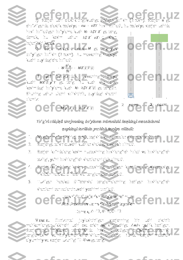 3) Sterjen   uchi   elastik   tirgovuchga   tiralgan   bo’lsin   (2-rasm).   Sterjen  u   ga
cho’zilganda elastik  reaksiya  	
−cu	=−	cXT   hosil  bo’ladi, bu  reaksiya   sterjen uchida
hosil  bo’ladigan bo’ylama  kuch  
N = EST X '
  ga teng,
demak,   bu   kesim   uchun  
ES X '
+ cX = 0   shart
bajarilishi kerak.  
4)   Serjen   uchiga   massasi  	
M   ga   teng   yuk
qo’yilgan   bo’lsin   (3-rasm).   Bu   massaning   inersiya
kuchi quyidagicha bo’ladi:	
−	M	∂2u	
∂t2=−	MX	(l)¨T(t)	
¨T=−	p2T
  bo’lganidan,   massaning   inersiya
kuchi   MX	
( l) p 2
T
  ga   teng.   Bu   kuch   shu   ichki
kesimdagi   bo’ylama   kuch  	
N	=	EST	X'(l)   ga   tengdir.
Shuning   uchun   ularni   solishtirib,   quyidagi   shartni
olamiz:
M p 2
X	
( l) = EST X '	(
l)
To’g’ri chiziqli sterjenning bo’ylama tebranishi haqidagi masalalarni
quyidagi tartibda yechish tavsiya etiladi:
1. Masalaning berilishiga qarab, tegishli koordinatalar sistemasi tanlanadi.
2. Sterjenga ta’sir etuvchi kuchlar shaklda tasvirlab olinadi.
3. Sterjen   ko’ndalang   kesim   nuqtasining   boshlang’ich   holati   va   boshlang’ich
tezligi, ya’ni boshlang’ich shartlar aniqlab olinadi.
4. Sterjen   ko’ndalang   kesim   nuqtasining   tanlangan   koordinatalar   sistemasiga
nisbatan harakat differensial tenglamalari tuziladi.
5. Tuzilgan   harakat   differensial   tenglamalarning   berilgan   boshlang’ich
shartlarni qanoatlantiruvchi yechimi topiladi.
Topshiriqni bajarish bo’yicha na’muna 
Abdurazzoqov Jamshid Norbo‘tayevich
Demak, 
A=12	,B=6,C=12
Masala.   Gorizontal   joylashtirilgan   sterjenning   bir   uchi   qistirib
mahkamlangan   ikkinchi   uchi   esa   erkin   va   shu   uchiga   A m / s
  tezlik   berilgan.
Sterjenning   bo’ylama   tebranishida   hosil   bo’ladigan   bo’ylama   tebranish
tenglamasini   va   bo’ylama   ko’chishlarni   aniqlang.   Bunda   sterjen   materiali
alyuminiy va sterjen uzunligi  10 ∙ B sm
 ga teng. 