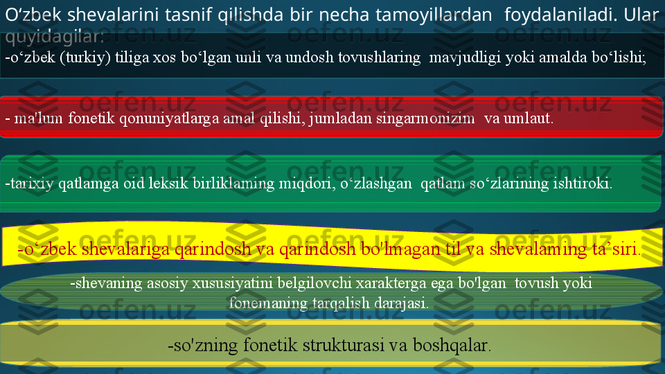 O ‘zbek  shevalarini  tasnif  qilishda  bir  necha  tamoyillardan    foydalaniladi.  Ular 
quyidagilar: 
-o‘zbek (turkiy) tiliga xos bo‘lgan unli va undosh tovushlaring  mavjudligi yoki amalda bo‘lishi; 
- ma'lum fonetik qonuniyatlarga amal qilishi, jumladan singarmonizim  va umlaut. 
-tarixiy qatlamga oid leksik birliklaming miqdori, o‘zlashgan  qatlam so‘zlarining ishtiroki.
-o‘zbek shevalariga qarindosh va qarindosh bo'lmagan til va shevalaming ta’siri. 
-shevaning asosiy xususiyatini belgilovchi xarakterga ega bo'lgan  tovush yoki 
fonemaning tarqalish darajasi. 
-so'zning fonetik strukturasi va boshqalar. 