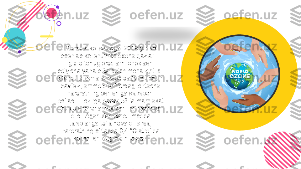 Monreal kelishuviga  2019-yildan 
boshlab kelishuv issiqxona gazlari – 
gidroftor uglerodlarni cheklash 
bo‘yicha yana bitta qo‘shimcha kiritildi. 
Ushbu birikmalar ozon qatlami uchun 
xavfsiz, ammo ular Yerdagi o‘rtacha 
haroratning oshishiga sababchi 
bo‘ladi. Hozirga qadar 58 ta mamlakat 
bu qo‘shimcha moddani ratifikatsiya 
qildi. Agar ular ushbu modda 
talablariga to‘la rioya qilishsa, 
haroratning o‘rtacha 0,4 °C atrofida 
ko‘tarilishining oldini oladi.   