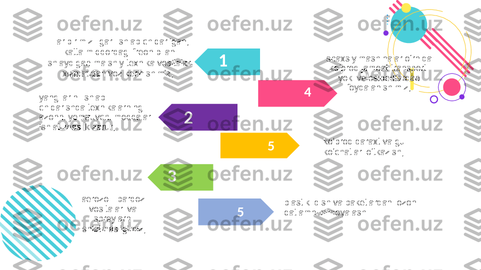 1
4
5Har birimiz ilgari ishlab chiqarilgan, 
katta miqdordagi freon bilan 
ishlaydigan maishiy texnika vositalari 
xizmatidan voz kechishimiz; 
yangilarini ishlab 
chiqarishda texnikalarning 
azonni yemiruvchi moddalar 
ishlatilmaslik zarur;
ko‘proq daraxt va gul 
ko‘chatlari o‘tkazish ;
  shaxsiy mashinalar o‘rnida 
ko‘proq jamoat transporti 
yoki velosipedlardan 
foydalanishimiz;
 2
3
aerozolli pardoz 
vositalari va 
spreylarni 
ishlatmasligimiz ; 5 plastik idish va paketlardan  ozon 
qatlamni himoyalash. 