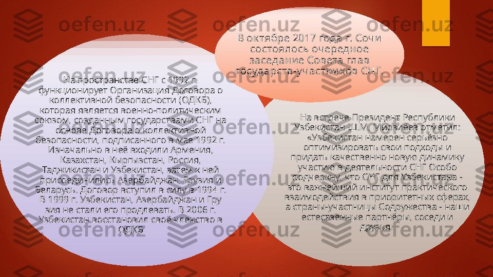 На встрече Президент Республики 
Узбекистан Ш.М, Мирзиёев отметил: 
«Узбекистан намерен серьёзно 
оптимизировать свои подходы и 
придать качественно новую динамику 
участию в деятельности СНГ Особо 
подчеркну, что СНГ для Узбекистана - 
это важнейший институт практического 
взаимодействия в приори тетных сферах, 
а страны-участницы Содружества - наши 
есте	
 ственные партнёры, соседи и 
друзья. На пространстве СНГ с 1992 г. 
функционирует Организация Договора о 
коллективной безопасности (ОДКБ), 
которая является военно-политическим 
союзом, созданным госу	
 дарствами СНГ на 
основе Договора о коллективной 
безопасности, подписанного в мае 1992 г. 
Изначально в неё входили Армения, 
Казахстан, Кыргызстан, Россия, 
Таджикистан и Узбекистан, затем к ней 
присоединились Азербайджан, Грузия и 
Беларусь. Договор вступил в силу в 1994 г. 
В 1999 г. Узбекистан, Азербайджан и Гру	
 
зия не стали его продлевать. В 2006 г. 
Узбекистан восстановил своё членство в 
ОДКБ В ок тябре 2017 года г. Сочи  
состоялось очередное 
заседани е Со	
 вета глав 
государств-у частни к ов СНГ.    