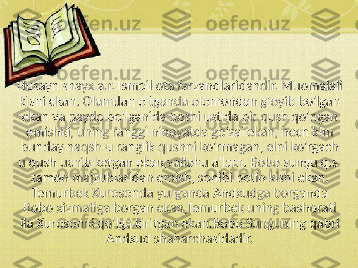 Husayn shayx a.r. Ismoil ota farzandlaridandir. Muomalali 
kishi ekan. Olamdan o'tganda olomondan g'oyib bo'lgan 
ekan va paydo bo'lganida boshi ustida bir qush qo'ngan 
emishki, uning ranggi nihoyatda go'zal ekan, hech kim 
bunday naqsh-u ranglik qushni ko'rmagan, elni ko'rgach 
u qush uchib ketgan ekan,vallohu a'lam. Bobo sungu q.s. 
zamon majzublaridan emish, sohibi botin kishi ekan. 
Temurbek Xurosonda yurganda Andxudga borganda 
Bobo xizmatiga borgan ekan,Temurbek uning bashorati 
ila Xurosonni qo'lga kiritgan ekan.Bobo Sunguning qabri 
Andxud shaharchasidadir. 