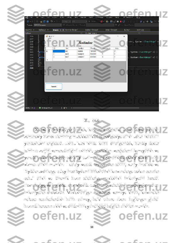 Xulosa
Xulosa   qilib   aytadigan   bo'lsak,   korporativ   logistika   uchun   dastur   yaratish
zamonaviy biznes olamining murakkabliklarida navigatsiya qilish uchun istiqbolli
yondashuvni   anglatadi.   Ushbu   kurs   ishida   ko'rib   chiqilganidek,   bunday   dastur
ta'minot   zanjiri   samaradorligini   oshirish,   operatsion   xarajatlarni   kamaytirish   va
yanada   tezkor   va   sezgir   tashkiliy   tuzilmani   rivojlantirishda   asosiy   vosita   bo'lib
xizmat   qilishi   mumkin.   Haqiqiy   vaqtda   ma'lumotlar   tahlili,   sun'iy   intellekt   va
foydalanuvchilarga   qulay   interfeyslarni   birlashtirish   korxonalarga   tezkor   qarorlar
qabul   qilish   va   dinamik   bozor   talablariga   moslashish   imkoniyatini   beradi.
Texnologiya   va   logistika   chorrahasida   turganimiz   sababli,   innovatsiyalar   uchun
imkoniyatlar   cheksizdir.   Moslashtirilgan   ilovalarga   sarmoya   kiritib,   korxonalar
nafaqat   raqobatbardosh   bo'lib   qolmay,   balki   tobora   o'zaro   bog'langan   global
bozorda barqaror o'sish va chidamlilik yo'nalishini belgilab olishlari mumkin.
18 