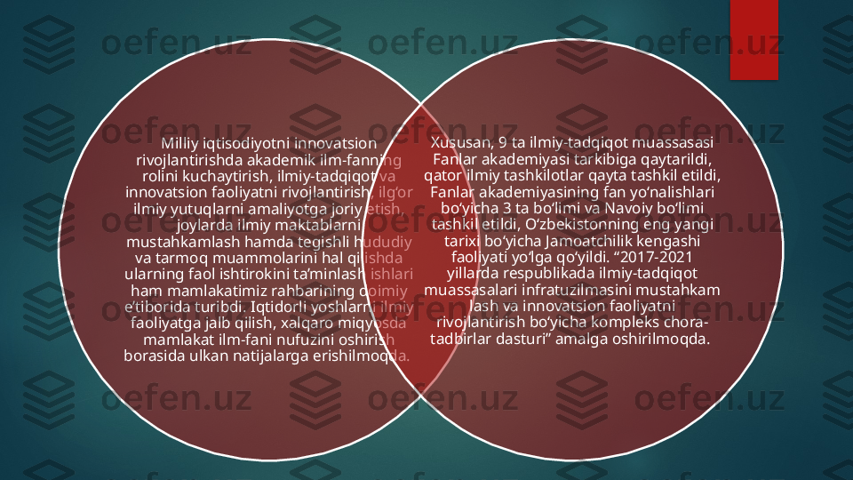 Milliy iqtisodiyotni innovatsion 
rivojlantirishda akademik ilm-fanning 
rolini kuchaytirish, ilmiy-tadqiqot va 
innovatsion faoliyatni rivojlantirish, ilg‘or 
ilmiy yutuqlarni amaliyotga joriy etish, 
joylarda ilmiy maktablarni 
mustahkamlash hamda tegishli hududiy 
va tarmoq muammolarini hal qilishda 
ularning faol ishtirokini ta’minlash ishlari 
ham mamlakatimiz rahbarining doimiy 
e’tiborida turibdi. Iqtidorli yoshlarni ilmiy 
faoliyatga jalb qilish, xalqaro miqyosda 
mamlakat ilm-fani nufuzini oshirish 
borasida ulkan natijalarga erishilmoqda.  Xususan, 9 ta ilmiy-tadqiqot muassasasi 
Fanlar akademiyasi tarkibiga qaytarildi, 
qator ilmiy tashkilotlar qayta tashkil etildi, 
Fanlar akademiyasining fan yo‘nalishlari 
bo‘yicha 3 ta bo‘limi va Navoiy bo‘limi 
tashkil etildi, O‘zbekistonning eng yangi 
tarixi bo‘yicha Jamoatchilik kengashi 
faoliyati yo‘lga qo‘yildi. “2017-2021 
yillarda respublikada ilmiy-tadqiqot 
muassasalari infratuzilmasini mustahkam 
lash va innovatsion faoliyatni 
rivojlantirish bo‘yicha kompleks chora-
tadbirlar dasturi” amalga oshirilmoqda.      