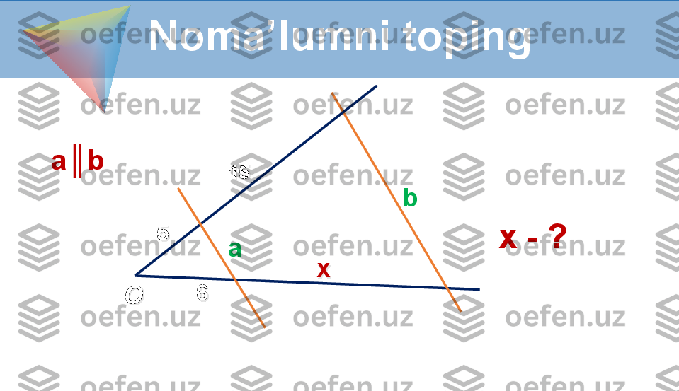 Noma’lumni toping
6 x5
O 15
b
aa║b
x - ? 