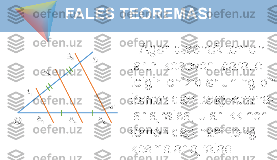     Agar   burchak tomon -
larini kesuvchi parallel 
to‘g‘ri chiziqlar uning bir  
tomonidan teng kesma -
lar ajratsa, ular ikkinchi 
tomonidan ham teng 
kesmalar ajratadi.FALES TEOREMASI
A
1 A
2 A
3B
1 B
2 B
3
O b
a 