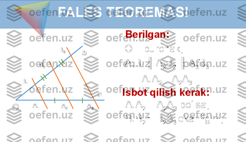 FALES TEOREMASI
A
1 A
2 A
3B
1 B
2 B
3
O b
a          Berilgan:  
    O – burchak,  
    A
1 B
1  ║  A
2 B
2  ║  A
3 B
3
          A
1 A
2  = A
2 A
3  
Isbot qilish kerak:   
  A
1 A
2  = A
2 A
3  bo‘lsa, 
  B
1 B
2  = B
2 B
3  ekanligini; 