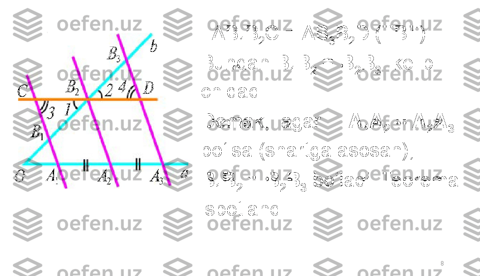 8   ΔB
1 B
2 C = ΔB
3 B
2 D (TBT). 
Bundan  B
1 B
2  = B
2 B
3    kelib 
chiqadi. 
Demak,  agar      A
1 A
2  = A
2 A
3  
bo‘lsa (shartga asosan),
B
1 B
2  = B
2 B
3   bo‘ladi. Teorema  
isbotlandi. 