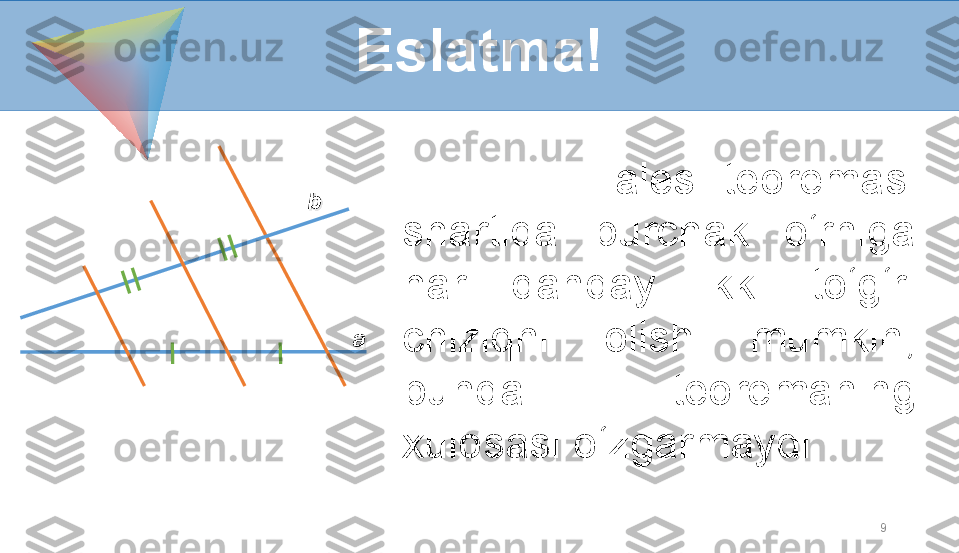 9              Fales   teoremasi 
shartida  burchak  o‘rniga 
har  qanday  ikki  to‘g‘ri  
chiziqni  olish  mumkin, 
bunda  teoremaning 
xulosasi o‘zgarmaydi.Eslatma!
b
a 