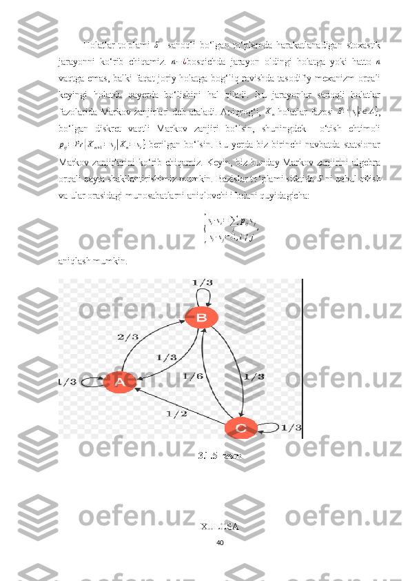 Holatlar   to'plami  S     sanoqli   bo‘lgan   to‘plamda   harakatlanadigan   stoxastik
jarayonni   ko‘rib   chiqamiz.  	
n−¿ bosqichda   jarayon   oldingi   holatga   yoki   hatto   n
vaqtga emas, balki faqat joriy holatga bog‘liq ravishda tasodifiy mexanizm orqali
keyingi   holatda   qayerda   bo‘lishini   hal   qiladi.   Bu   jarayonlar   sanoqli   holatlar
fazolarida Markov zanjirlari deb ataladi. Aniqrog‘i,   X
n   holatlar fazosi   S =	
{ s
i| i ∈ Λ }
,
bo‘lgan   diskret   vaqtli   Markov   zanjiri   bo‘lsin,   shuningdek     o‘tish   ehtimoli	
pij=	Pr	{Xn+1=	sj|Xn=	si}
  berilgan   bo‘lsin.   Bu   yerda   biz   birinchi   navbatda   statsionar
Markov  zanjirlarini  ko ‘ rib  chiqamiz.  Keyin, biz  bunday Markov  zanjirini  algebra
orqali qayta shakllantirishimiz mumkin. Bazislar to ‘ plami sifatida 	
S  ni qabul qilish
va ular orasidagi munosabatlarni aniqlovchi ifodani quyidagicha:	
{
s
i · s
i =
∑
j p
ij s
j
s
i · s
j = 0 , i ≠ j ,
aniqlash mumkin. 
3.1.5-rasm
XULOSA
40 