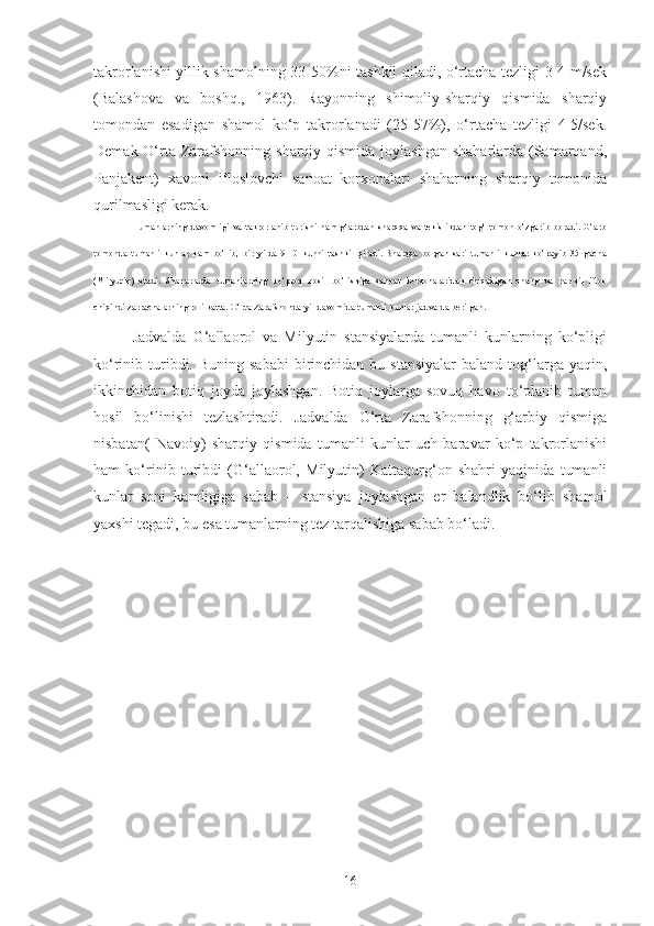 takrorlanishi yillik shamolning 33-50%ni tashkil qiladi, o‘rtacha tezligi 3-4 m/sek
(Balashova   va   boshq.,   1963).   Rayonning   shimoliy-sharqiy   qismida   sharqiy
tomondan   esadigan   shamol   ko‘p   takrorlanadi   (25-57%),   o‘rtacha   tezligi   4-5/sek.
Demak O‘rta Zarafshonning sharqiy qismida joylashgan shaharlarda (Samarqand,
Panjakent)   xavoni   ifloslovchi   sanoat   korxonalari   shaharning   sharqiy   tomonida
qurilmasligi kerak.
Tumanlarning   davomligi   va   takrorlanib   turishi   ham   g‘arbdan   sharqqa   va   tekislikdan   tog‘   tomon   o‘zgarib   boradi.   G‘arb
tomonda   tumanli   kunlar   kam   bo‘lib,   bir   yilda   9-10   kunni   tashkil   qiladi.   Sharqqa   borgan   sari   tumanli   kunlar   ko‘payib   35   gacha
(Milyutin)   etadi.   Shaharlarda   tumanlarning   ko‘proq   hosil   bo‘lishiga   sanoat   korxonalaridan   chiqadigan   chang   va   har-xil   iflos
chiqindi zarrachalarning roli katta. O‘rta Zarafshonda yil davomida tumanli kunlar jadvalda berilgan.
Jadvalda   G‘allaorol   va   Milyutin   stansiyalarda   tumanli   kunlarning   ko‘pligi
ko‘rinib turibdi. Buning  sababi  birinchidan bu  stansiyalar  baland  tog‘larga  yaqin,
ikkinchidan   botiq   joyda   joylashgan.   Botiq   joylarga   sovuq   havo   to‘planib   tuman
hosil   bo‘linishi   tezlashtiradi.   Jadvalda   O‘rta   Zarafshonning   g‘arbiy   qismiga
nisbatan(   Navoiy)   sharqiy   qismida   tumanli   kunlar   uch   baravar   ko‘p   takrorlanishi
ham   ko‘rinib   turibdi   (G‘allaorol,   Milyutin)   Kattaqurg‘on   shahri   yaqinida   tumanli
kunlar   soni   kamligiga   sabab   –   stansiya   joylashgan   er   balandlik   bo‘lib   shamol
yaxshi tegadi, bu esa tumanlarning tez tarqalishiga sabab bo‘ladi.
16 