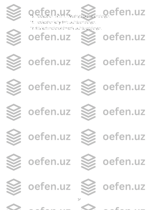 15. Harakatchan fosfor  B.P.Machigin usulida  aniqlangan.
16. H arakatchan kaliy Smit  usulida aniqlangan.
17. SO
2  karbonatlar asidimetrik usulida aniqlangan.
24 