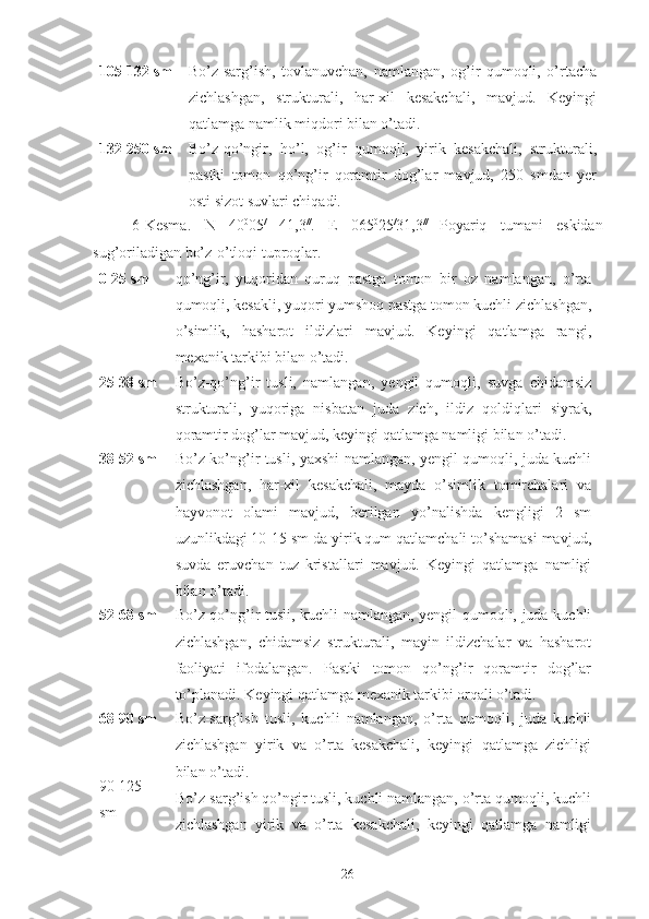 105-132  sm Bo’z-sarg’ish,   tovlanuvchan,   namlangan,   og’ir   qumoqli,   o’rtacha
zichlashgan,   strukturali,   har-xil   kesakchali,   mavjud.   Keyingi
qatlamga namlik miqdori bilan o’tadi.
132-250  sm Bo’z-qo’ngir,   ho’l,   og’ir   qumoqli,   yirik   kesakchali,   strukturali,
pastki   tomon   qo’ng’ir   qoramtir   dog’lar   mavjud,   250   smdan   yer
osti sizot suvlari chiqadi.
6- Kesma.   N   40 0
05 /
  41,3 //
.   E   065 0
25 /
31,3 //  
Poyariq   tumani   eskidan
sug’oriladigan bo’z-o’tloqi tuproqlar.
0-25  sm qo’ng’ir,   yuqoridan   quruq   pastga   tomon   bir   oz   namlangan,   o’rta
qumoqli, kesakli, yuqori yumshoq pastga tomon kuchli zichlashgan,
o’simlik,   hasharot   ildizlari   mavjud.   Keyingi   qatlamga   rangi,
mexanik tarkibi bilan o’tadi.
25-38  sm Bo’z-qo’ng’ir   tusli,   namlangan,   yengil   qumoqli,   suvga   chidamsiz
strukturali,   yuqoriga   nisbatan   juda   zich,   ildiz   qoldiqlari   siyrak,
qoramtir dog’lar mavjud, keyingi qatlamga namligi bilan o’tadi.
38-52  sm Bo’z-ko’ng’ir tusli, yaxshi namlangan, yengil qumoqli, juda kuchli
zichlashgan,   har-xil   kesakchali,   mayda   o’simlik   tomirchalari   va
hayvonot   olami   mavjud,   berilgan   yo’nalishda   kengligi   2   sm
uzunlikdagi 10-15 sm da yirik qum qatlamchali to’shamasi mavjud,
suvda   eruvchan   tuz   kristallari   mavjud.   Keyingi   qatlamga   namligi
bilan o’tadi.
52-6 8 sm Bo’z-qo’ng’ir tusli, kuchli namlangan, yengil qumoqli, juda kuchli
zichlashgan,   chidamsiz   strukturali,   mayin   ildizchalar   va   hasharot
faoliyati   ifodalangan.   Pastki   tomon   qo’ng’ir   qoramtir   dog’lar
to’planadi. Keyingi qatlamga mexanik tarkibi orqali o’tadi.
6 8 -90  sm
90-125
sm Bo’z-sarg’ish   tusli,   kuchli   namlangan,   o’rta   qumoqli,   juda   kuchli
zichlashgan   yirik   va   o’rta   kesakchali,   keyingi   qatlamga   zichligi
bilan o’tadi.
Bo’z-sarg’ish qo’ngir tusli, kuchli namlangan, o’rta qumoqli, kuchli
zichlashgan   yirik   va   o’rta   kesakchali,   keyingi   qatlamga   namligi
26 