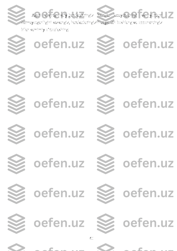 - Agar   sizning   sa’y-harakatlaringiz   behuda   ketayotganligi   va   yordam
bermayotganligini sezsangiz, harakatlaringizni qaytadan boshlang va opponentingiz
bilan samimiy o’rtoqlashing.
60 
