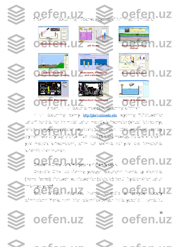 6-rasm. PHET dasturining “Elektr va magnitezm” bo‘limiga oid modellar
7-rasm. PHET dasturida mavjud modellarning ko‘rinishi
PHET   dasturining   rasmiy   http://phet.colorado.edu   saytining   “O‘qituvchilar
uchun”   bandida   har   bir   model   uchun   metodik   ko‘rsatmalar   (virutal   laboratoriya
ishlari,   namoyish   tajribalari   va   boshq.)   keltirilgan.   O‘qituvchi   xech   qanday
qiyinchiliksiz qo‘yidagi qidiruv fil ь tri orqali (5-rasm) mavzuga oid dars ishlanasini
yoki   metodik   ko‘rsatmalarni,   ta’lim   turi   kesimida   pdf   yoki   doc   formatlarida
ko‘chirib olishi mumkin.
Crocodile Clips Ltd simulyatorlaribilan ishlash.
Crocodile   Clips   Ltd   o‘zining   yaratgan   dasturlarini   hozirda   uy   sharoitida
( home   licence )   o‘qituvchi   va   o‘quvchilar   (talabalar)   bepul   foydalanishlari   uchun
imkoniyat yaratdi.
SHuni   ta’kidlab   o‘tamizki,   hozirda   Crocodile   kompaniyasi   dasturiy
ta’minotlarini   Yenka   nomi   bilan   takomillashtirilgan   holda   yaratildi.   Hozirda   bu
18 