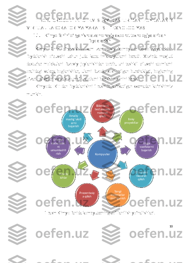 I   BOB .   CROCODILE   CHEMISTRY   DASTURIDAN   FOYDALANIB
VIRTUAL LABORATORIYA YARATISH TEXNOLOGIYASI
1.1. Kimyo fanini o‘rganishda zamonaviy axborot texnologiyalaridan
foydalanish
Kimyo   fanini   o‘rganishda   xam   zamonaviy   kompyuter   texnologiyalaridan
foydalanish   o‘quvchi   uchun   juda   katta   imkoniyatlarni   beradi.   Xozirda   mavjud
dasturlar   molekulani   fazoviy   joylanishidan   tortib,   uni   tashkil   qiluvchi   atomlarni
oralidagi   valent   boglanishlar,   ularni   fazoda   xosil   qilgan   burchaklari,   boglarning
o‘zaro ta’sirlari va xakazo ma’lumotlarni berish imkonini beradi.
Kimyoda IKT dan foydalanishni 1 rasmda ko‘rsatilgan sxemadan ko‘rishimiz
mumkin.Kompyuter
Bilimlarni 
test asosida 
nazorat 
qilish	
Ilmiy 	
proyektlar	
Uyga 	
vazifalarni 
bajarish	
O’z	-o’zini 	
nazorat 
qilish	
Yangi 	
materiallar
ni o’rganish	
Prezentasiy
a qilish	
Amaliy 
ishlar	
O’tilgan 
materiallar	
ni 	
umumlashti	
rish	
Amaliy 	
mashg’ulotl	
arni 
bajarish
1 - rasm Kimyo  fanida  kompyuterning qo‘llanilish yo‘nalishlari .
10 