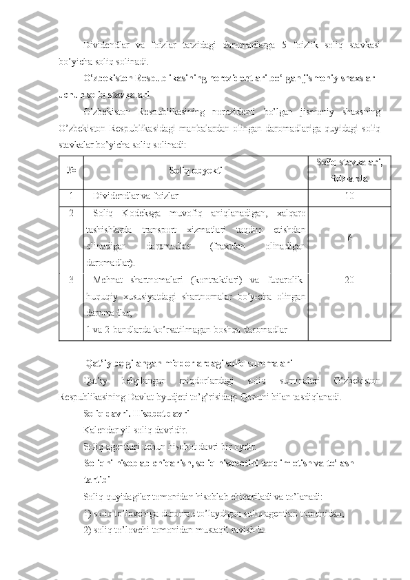 Dividendlar   va   foizlar   tarzidagi   daromadlarga   5   foizlik   soliq   stavkasi
bo’yicha soliq solinadi.
O’zbekiston Respublikasining norezidentlari bo’lgan jismoniy shaxslar 
uchun soliq stavkalari
O’zbekiston   Respublikasining   norezidenti   bo’lgan   jismoniy   shaxsning
O’zbekiston   Respublikasidagi   manbalardan   olingan   daromadlariga   quyidagi   soliq
stavkalar bo’yicha soliq solinadi:
№ Soliq obyekti  Soliq stavkalari,
foizlarda
1 Dividendlar va foizlar  10
2 Soliq   Kodeksga   muvofiq   aniqlanadigan,   xalqaro
tashishlarda   transport   xizmatlari   taqdim   etishdan
olinadigan   daromadlar   (fraxtdan   olinadigan
daromadlar). 6
3 Mehnat   shartnomalari   (kontraktlari)   va   fuqarolik-
huquqiy   xususiyatdagi   shartnomalar   bo’yicha   olingan
daromadlar,  
1 va 2-bandlarda ko’rsatilmagan boshqa daromadlar  20
Qat’iy belgilangan miqdorlardagi soliq summalari
Qat’iy   belgilangan   miqdorlardagi   soliq   summalari   O’zbekiston
Respublikasining Davlat byudjeti to’g’risidagi Qonuni bilan tasdiqlanadi.
Soliq davri. Hisobot davri
Kalendar yil soliq davridir.
Soliq agentlari uchun hisobot davri bir oydir. 
Soliqni hisoblab chiqarish, soliq hisobotini taqdim etish va to’lash 
tartibi
Soliq quyidagilar tomonidan hisoblab chiqariladi va to’lanadi:
1)   soliq to’lovchiga daromad to’laydigan soliq agentlari tomonidan;
2)   soliq to’lovchi tomonidan mustaqil ravishda. 