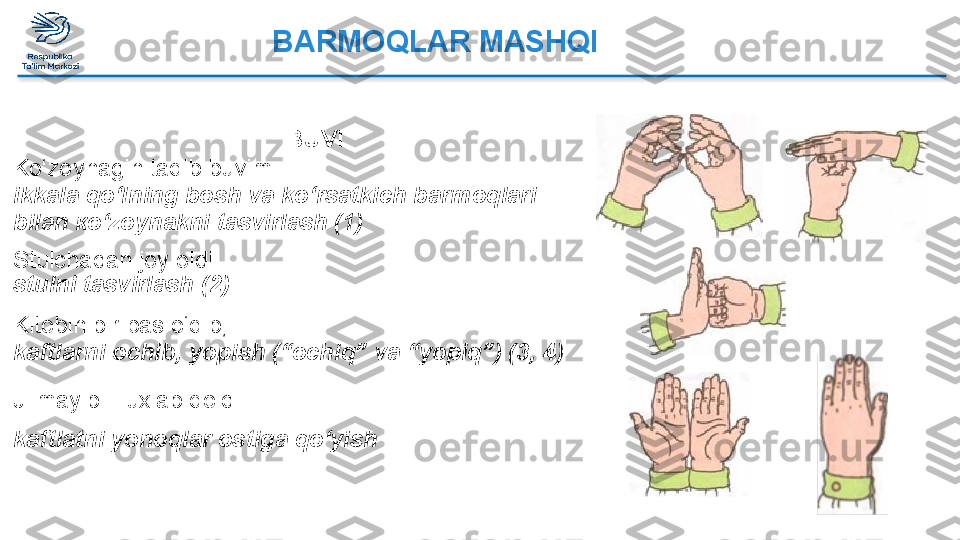 BUVI
Ko‘zoynagin taqib buvim
ikkala qo‘lning bosh va ko‘rsatkich barmoqlari
bilan ко‘zoynakni tasvirlash (1)
Stulchadan joy oldi.
stulni tasvirlash (2)
Kitobin bir pas o‘qib,
kaftlarni ochib, yopish (“ochiq” va “yopiq”) (3, 4) 
Jilmayib... uxlab qoldi.
ka ftlatni yonoqlar ostiga qo‘yish BARMOQLAR MASHQI  