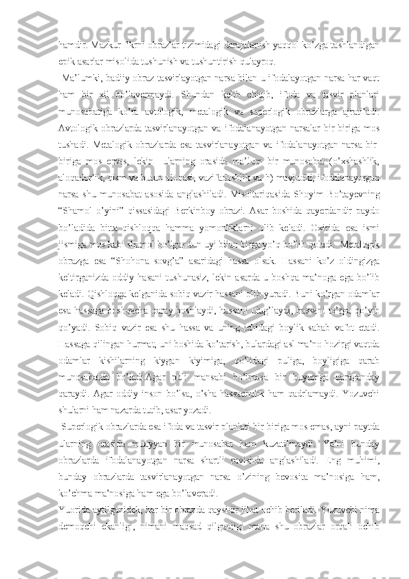 hamdir. Mazkur fikrni obrazlar tizimidagi darajalanish yaqqol ko’zga tashlandigan
epik asarlar misolida tushunish va tushuntirish qulayroq.
  Ma’lumki, badiiy obraz tasvirlayotgan narsa bilan u ifodalayotgan narsa har vaqt
ham   bir   xil   bo’lavermaydi.   Shundan   kelib   chiqib,   ifoda   va   tasvir   planlari
munosabatiga   ko’ra   avtologik,   metalogik   va   superlogik   obrazlarga   ajratiladi.
Avtologik  obrazlarda  tasvirlanayotgan   va   ifodalanayotgan   narsalar   bir-biriga  mos
tushadi.   Metalogik   obrazlarda   esa   tasvirlanayotgan   va   ifodalanayotgan   narsa   bir-
biriga   mos   emas,   lekin     ularning   orasida   ma’lum   bir   munosabat   (o’xshashlik,
aloqadorlik, qism va butun aloqasi, vazifadoshlik va h) mavjudki, ifodalanayotgan
narsa   shu   munosabat   asosida   anglashiladi.   Misoltariqasida   Shoyim   Bo’tayevning
“ Shamol   o’yini”   qissasidagi   Berkinboy   obrazi.   Asar   boshida   qayerdandir   paydo
bo’ladida   bitta   qishloqqa   hamma   yomonliklarni   olib   keladi.   Oxirida   esa   ismi
jismiga mos kabi shamol bo’lgan tun uyi bilan birga yo’q bo’lib qoladi.  Metalogik
obrazga   esa   “ Shohona   sovg’a”   asaridagi   hassa   olsak.   Hassani   ko’z   oldingizga
keltirganizda   oddiy   hasani   tushunasiz,   lekin   asarda   u   boshqa   ma’noga   ega   bo’lib
keladi. Qishloqqa kelganida sobiq vazir hassani olib yuradi. Buni ko’rgan odamlar
esa  hassaga  boshqacha   qaray  boshlaydi,  hassani   ulug’laydi,  hassani   to’rga qo’yib
qo’yadi.   Sobiq   vazir   esa   shu   hassa   va   uning   ichidagi   boylik   sabab   vafot   etadi.
Hassaga qilingan hurmat, uni boshida ko’tarish, bulardagi asl ma’no hozirgi vaqtda
odamlar   kishilarning   kiygan   kiyimiga,   qo’lidagi   puliga,   boyligiga   qarab
munosabatda   bo’ladi.Agar   puli   mansabi   bo’lmasa   bir   buyumga   qaraganday
qaraydi.   Agar   oddiy   inson   bo’lsa,   o’sha   hassachalik   ham   qadrlamaydi.   Yozuvchi
shularni ham nazarda tutib, asar yozadi.
 Superlogik obrazlarda esa ifoda va tasvir planlari bir-biriga mos emas, ayni paytda
ularning   orasida   muayyan   bir   munosabat   ham   kuzatilmaydi.   Ya’ni   bunday
obrazlarda   ifodalanayotgan   narsa   shartli   ravishda   anglashiladi.   Eng   muhimi,
bunday   obrazlarda   tasvirlanayotgan   narsa   o’zining   bevosita   ma’nosiga   ham,
ko’chma ma’nosiga ham ega bo’laveradi. 
Yuorida aytilganidek, har bir obrazda qaysidir jihat ochib beriladi. Yozuvchi nima
demoqchi   ekanligi,   nimani   maqsad   qilganligi   mana   shu   obrazlar   orqali   ochib 