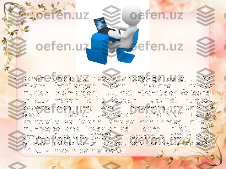 •
Jahon  tajribasiga  mavjud  amaliyotga  ko`ra,  u  ikki 
o`zaro  bog`langan,  lekin  funksional  jihatdan 
mustaqil qismlardan, Hukumat Intranetidan va tashqi 
infratuzilmadan  tarkib  topgan.  Hukumat  Intraneti 
axborot  tizimining  ichki  infratuzilmasini  qamrab 
oladi,  u  davlat  tuzilmalari  tomonidan  davlat 
korporativ  vazifalarini  amalga  oshirishdagi  o`zaro 
munosabatlarda  foydalaniladi.  Tashqi  infratuzilma, 
davlatni  fuqarolar  (G2C)  va  tashkilotlar  (G2B)  bilan 
o`zaro  ishlashini  ta`minlaydigan  ommaviy  axborot 
infratuzilmasini qamrab oladi. 