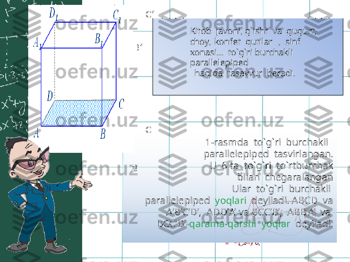 Kitob  javoni, g`isht  va  gugurt,  
choy,   konfet   q utilar    ,  sinf  
xonasi...  to`g`ri burchakli  
parallelepiped
   haqida  tasavvur  beradi.
1-rasm da  to`g`ri  burchakli  
parallelepiped  tasvir langan.
U  6 ta  to`g`ri  to`rtburchak
   bilan  chegaralangan
Ular  to`g`ri  burchakli 
  parallelepiped   yoqlari   deyiladi. ABCD  va 
A ’ B ’ C ’ D’,  ADD ’ A’ va BCC ’ B’,  ABB ’ A’  va 
  DCC ’ D ’ - qarama-qarshi  yoqlar   deyiladi.D’
A’ C’
B’
A BD
C
abc 