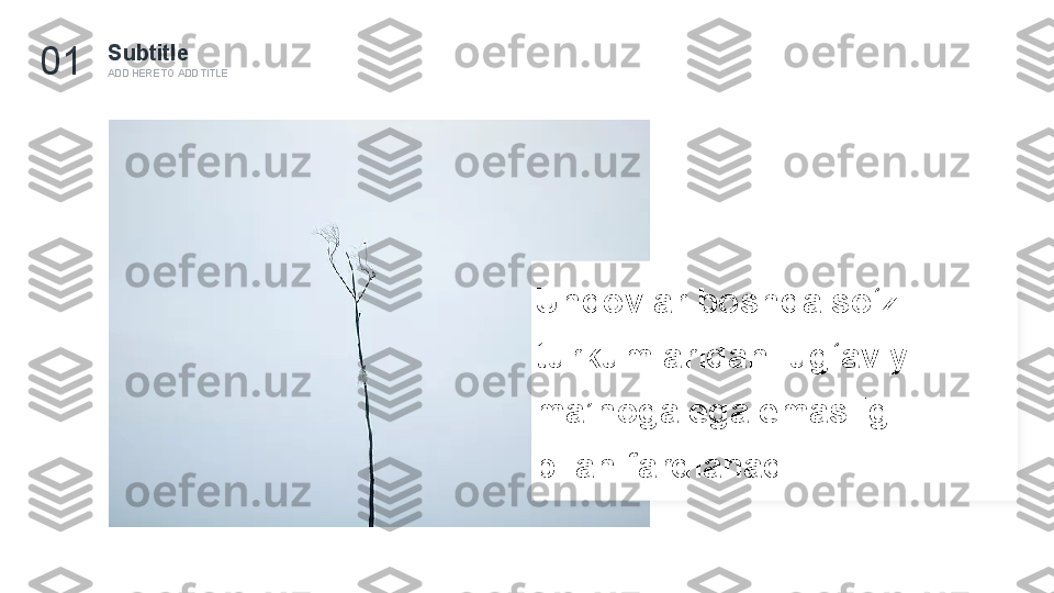 Subtitle
ADD HERE TO ADD TITLE 01
Undovlar boshqa so‘z 
turkumlaridan lug‘aviy 
ma’noga ega emasligi 
bilan farqlanadi.  