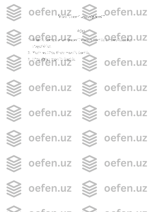     Mezolit davri umumiy tavsifi
 
Reja:
1. Mezolit davriga umumiy tavsif.Mezolit davrida flora va faunadagi 
o‘zgarishlar.
2. Yaqin va O‘rta Sharq mezolit davrida.
3. O‘rta Osiyo mezolit davrida.
  